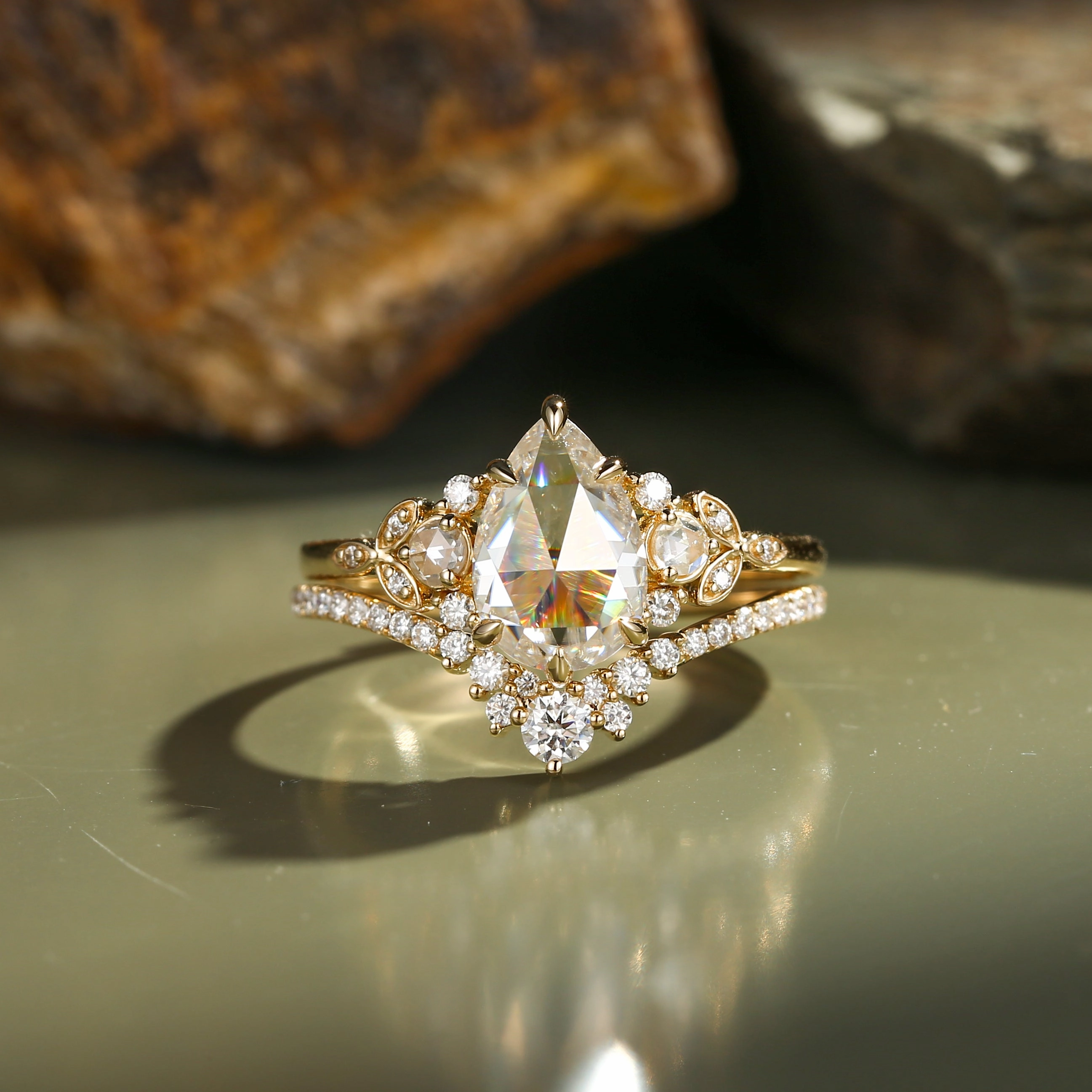 Fashion Layer Rose Cut Pear Vintage Moissanite Gold Ring Set 2pcs - Rhea