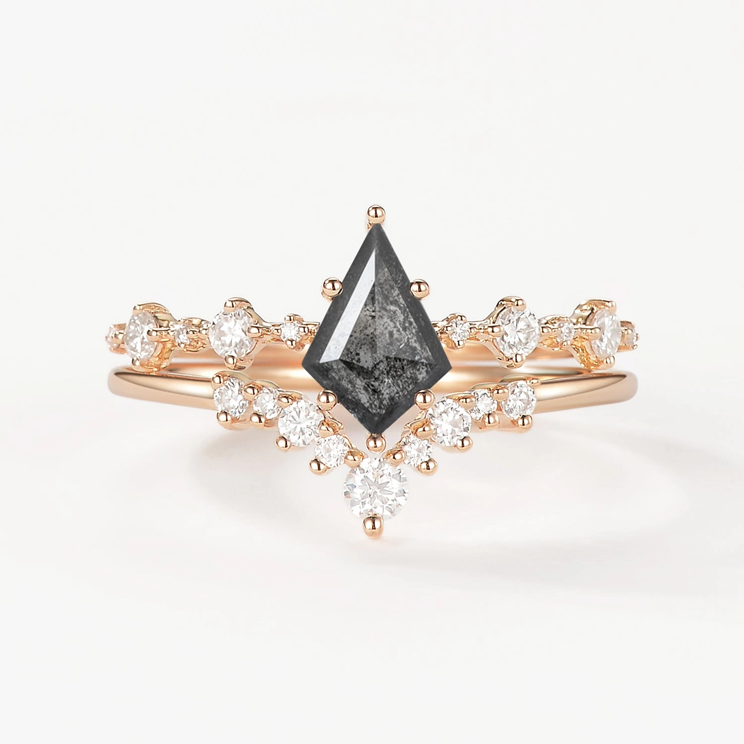 Kite Cut Salt and Pepper Diamonds Stacking Engagement Ring Set 2pcs All Day Photo Focus