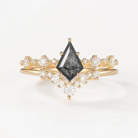 Kite Cut Salt and Pepper Diamonds Stacking Engagement Ring Set 2pcs Radiant Charm Cozy Look