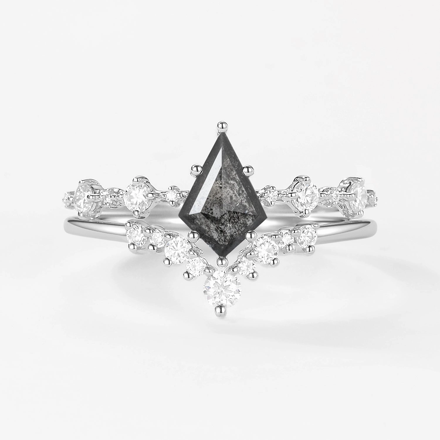 Gala Look Shining Gem Kite Cut Salt and Pepper Diamonds Stacking Engagement Ring Set 2pcs