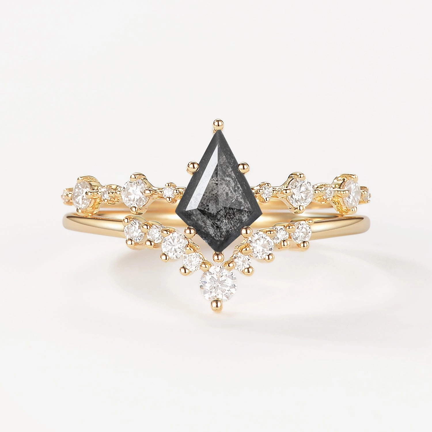 Kite Cut Salt and Pepper Diamonds Stacking Engagement Ring Set 2pcs Radiant Charm Cozy Look