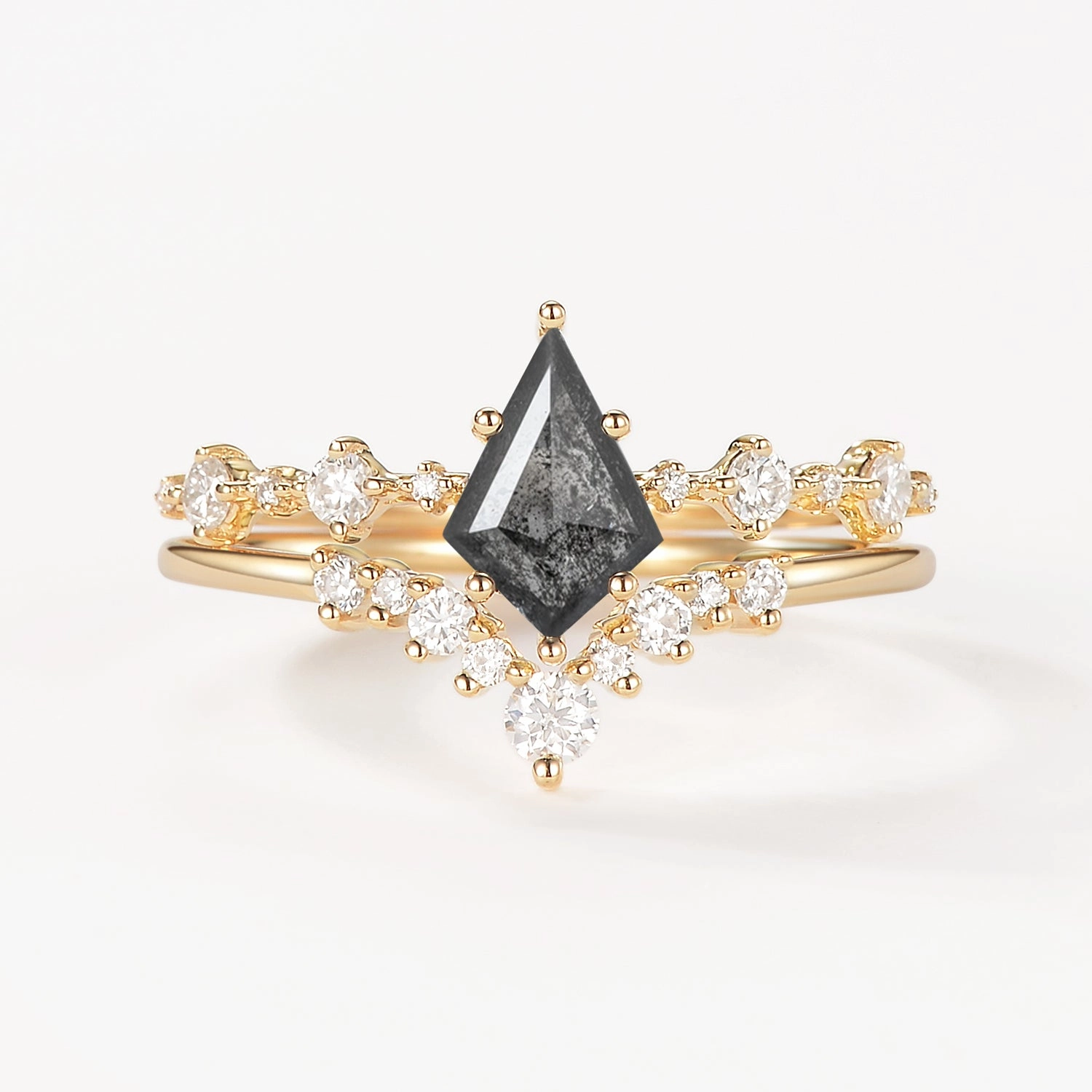 Kite Cut Salt and Pepper Diamonds Stacking Engagement Ring Set 2pcs Modern Glam Seasonal Pairing