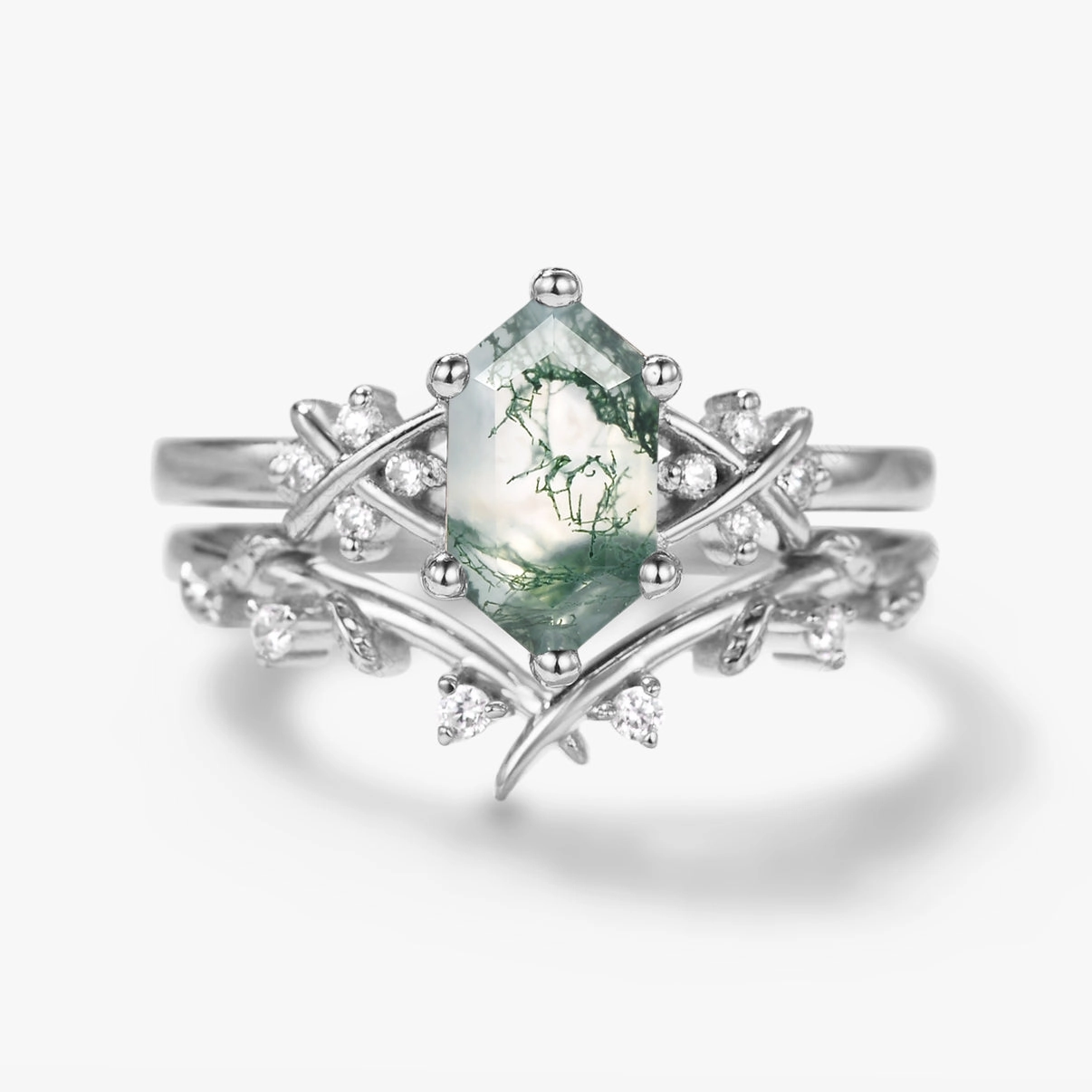 X-Band Long Hexagon Moss Agate Leafy Engagement Ring Set 2pcs Minimal Radiance Layered Detail