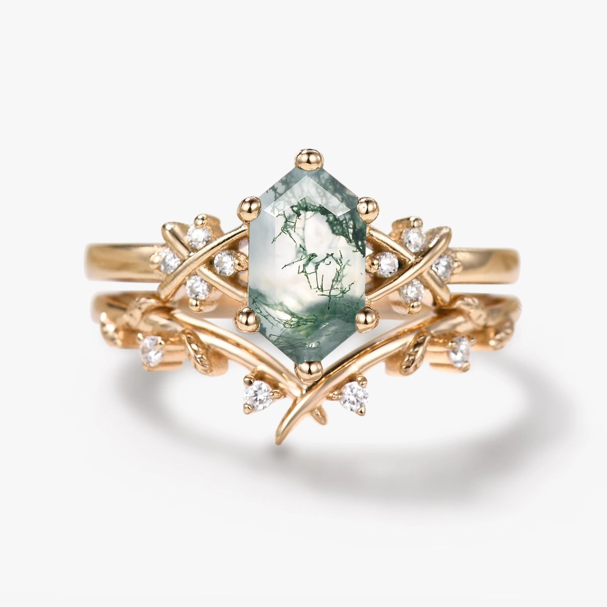 X-Band Long Hexagon Moss Agate Leafy Engagement Ring Set 2pcs High Shine Ocean Breeze