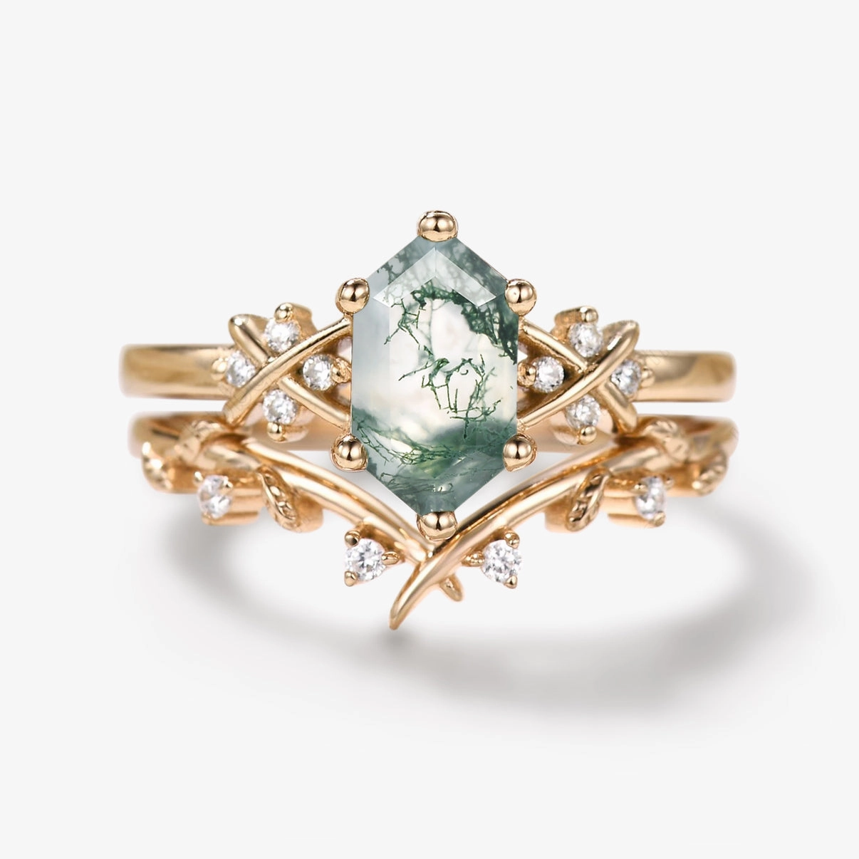 X-Band Long Hexagon Moss Agate Leafy Engagement Ring Set 2pcs Vibrant Highlight