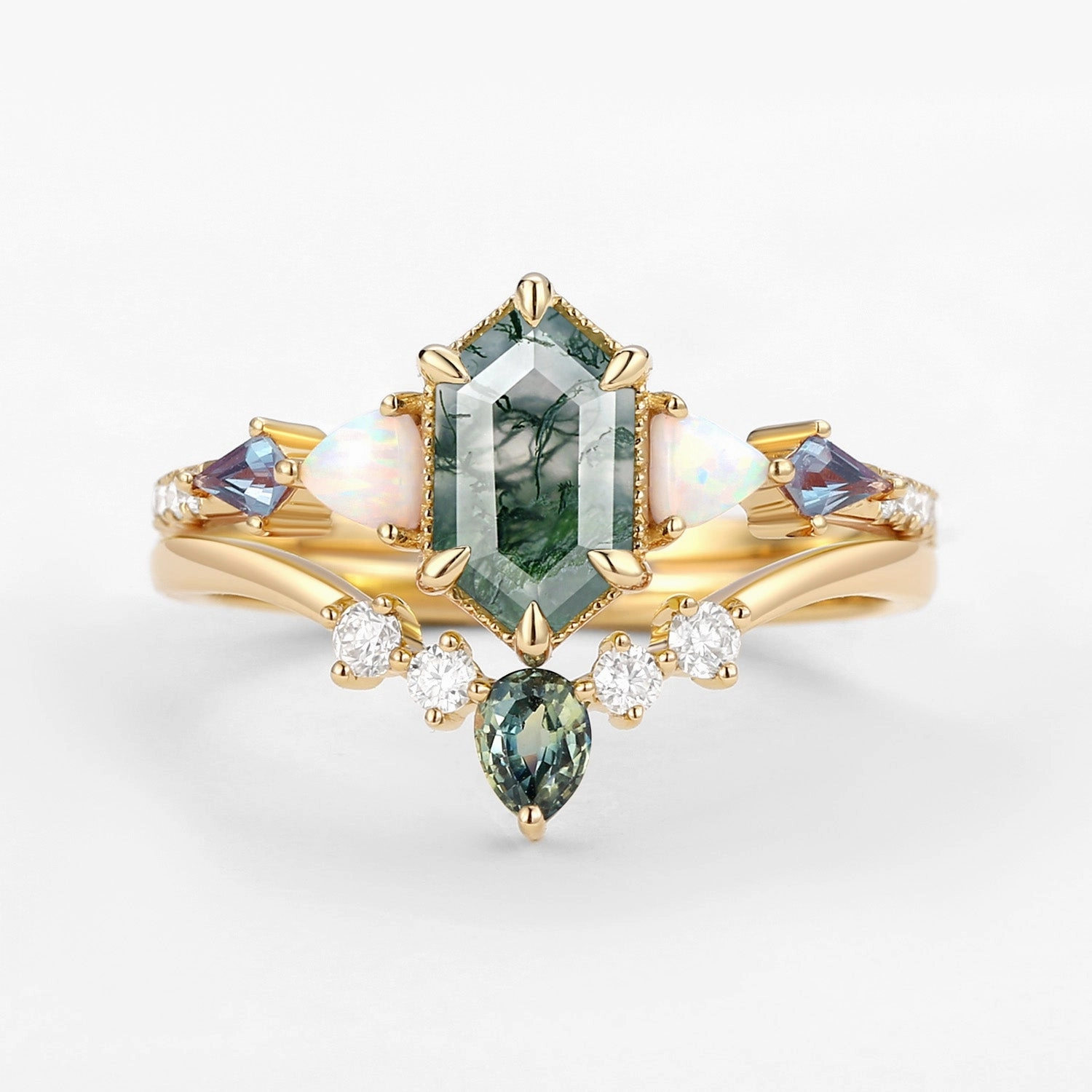 Neutral Glow Hexagon Moss Agate & Opal & Alexandrite & Teal Sapphire Ring Set 2PCS