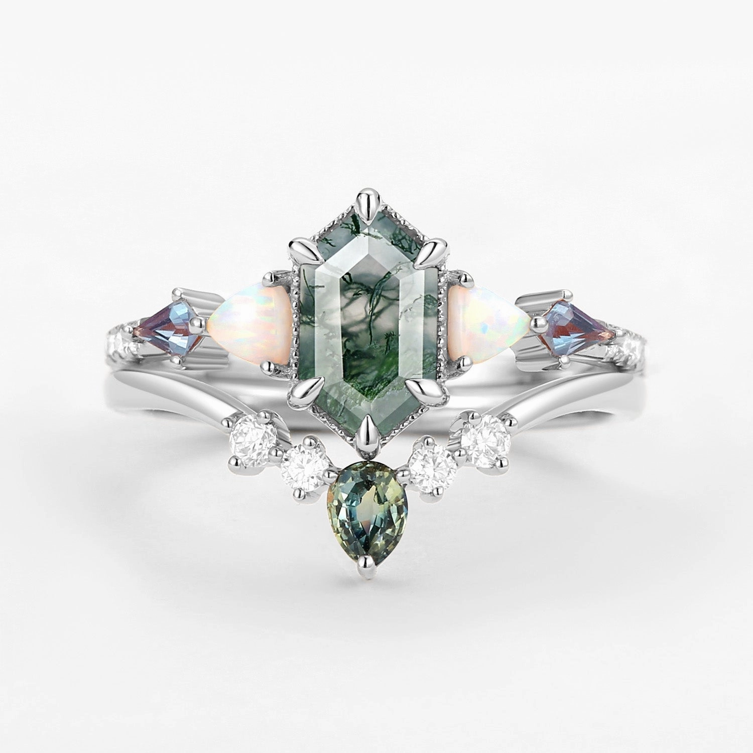 Bright Look Hexagon Moss Agate & Opal & Alexandrite & Teal Sapphire Ring Set 2PCS