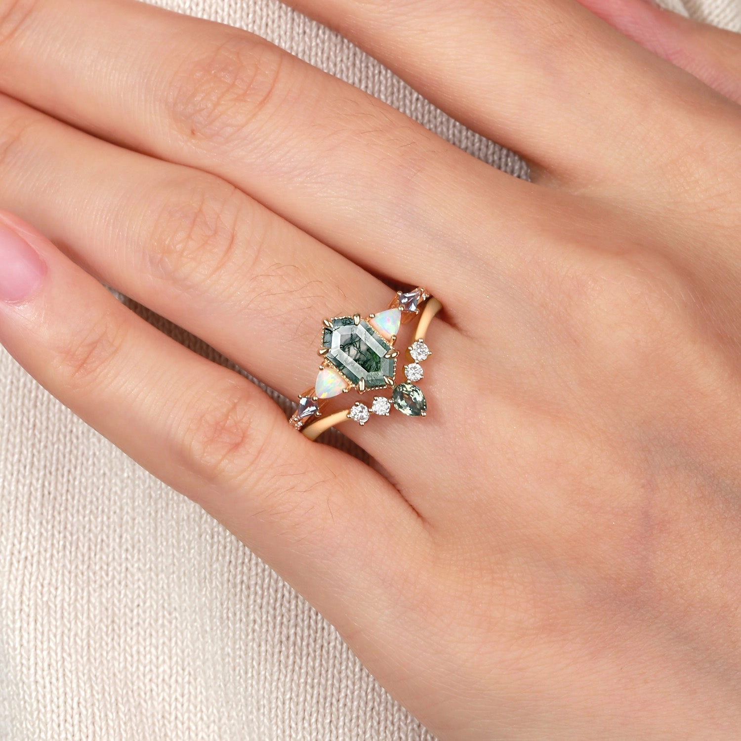 Romantic Set Hexagon Moss Agate & Opal & Alexandrite & Teal Sapphire Ring Set 2PCS