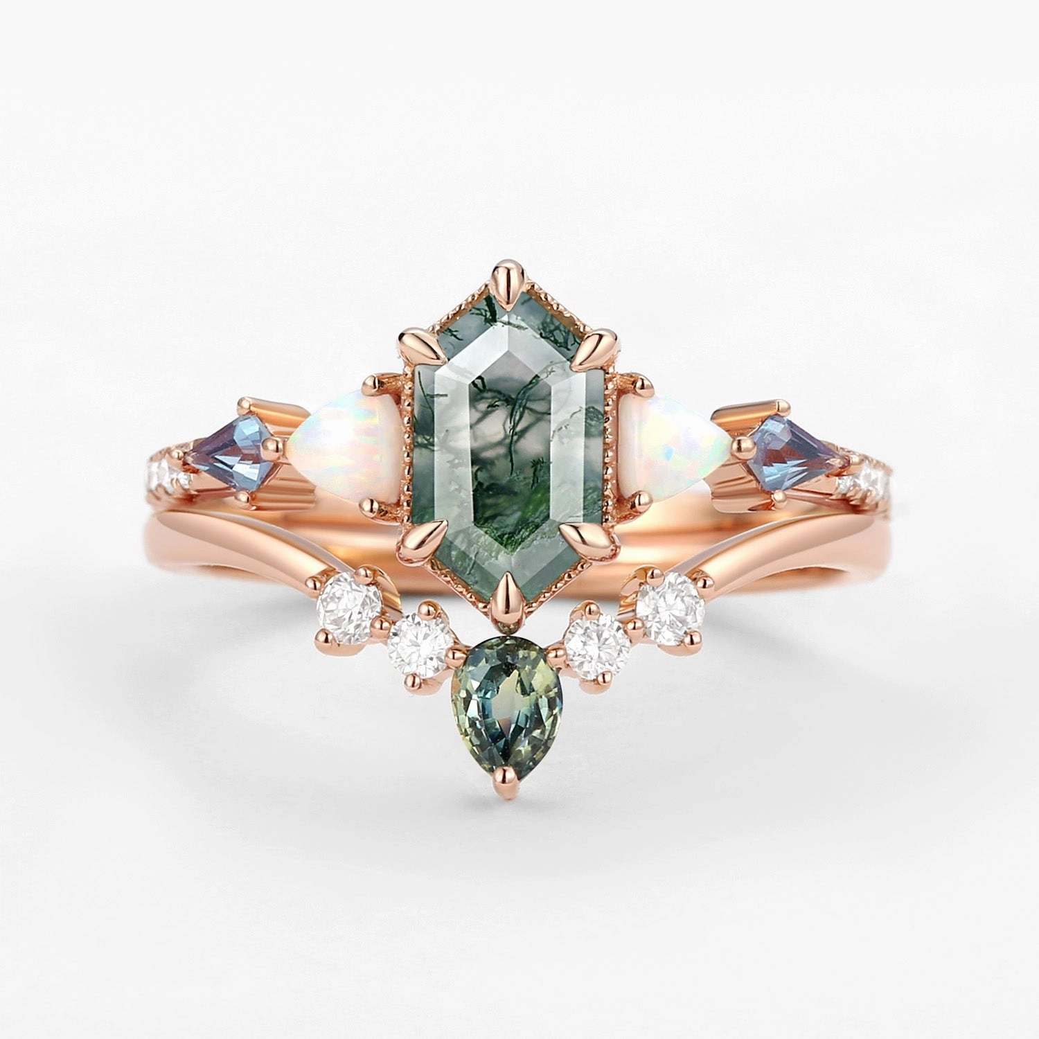 Hexagon Moss Agate & Opal & Alexandrite & Teal Sapphire Ring Set 2PCS Brunch Outfit