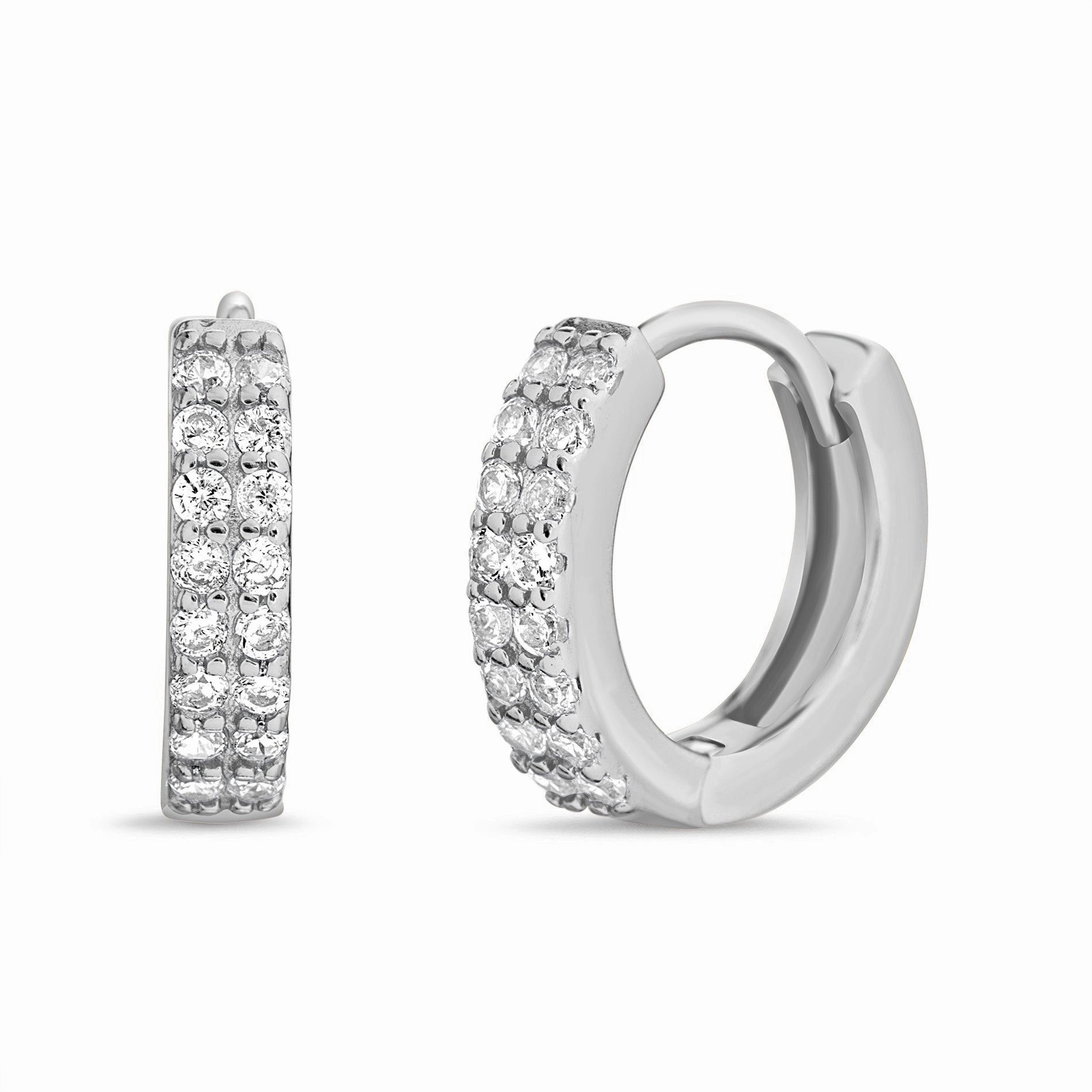 Cubic Zirconia 2 Row Huggie Hoop Earrings in Sterling Silver Artistic Accessory Statement Item
