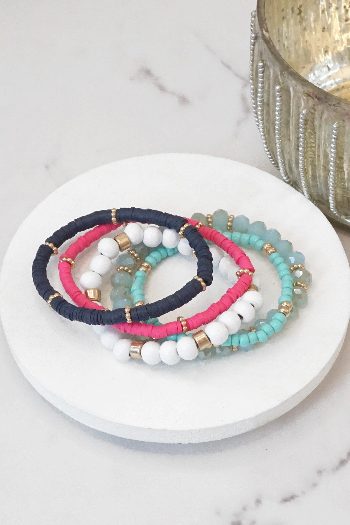 Nautical Navy Blue Hot Pink White stack clay glass wood beads bracelets set Meritorious Mix