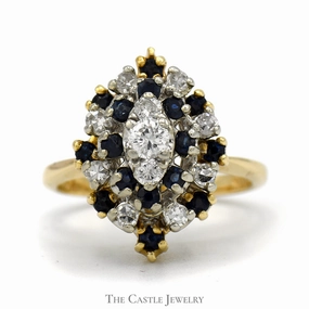 Amazing Gift Artistic Piece Marquise Shaped Sapphire & Diamond Cluster Ring in 14k Yellow Gold