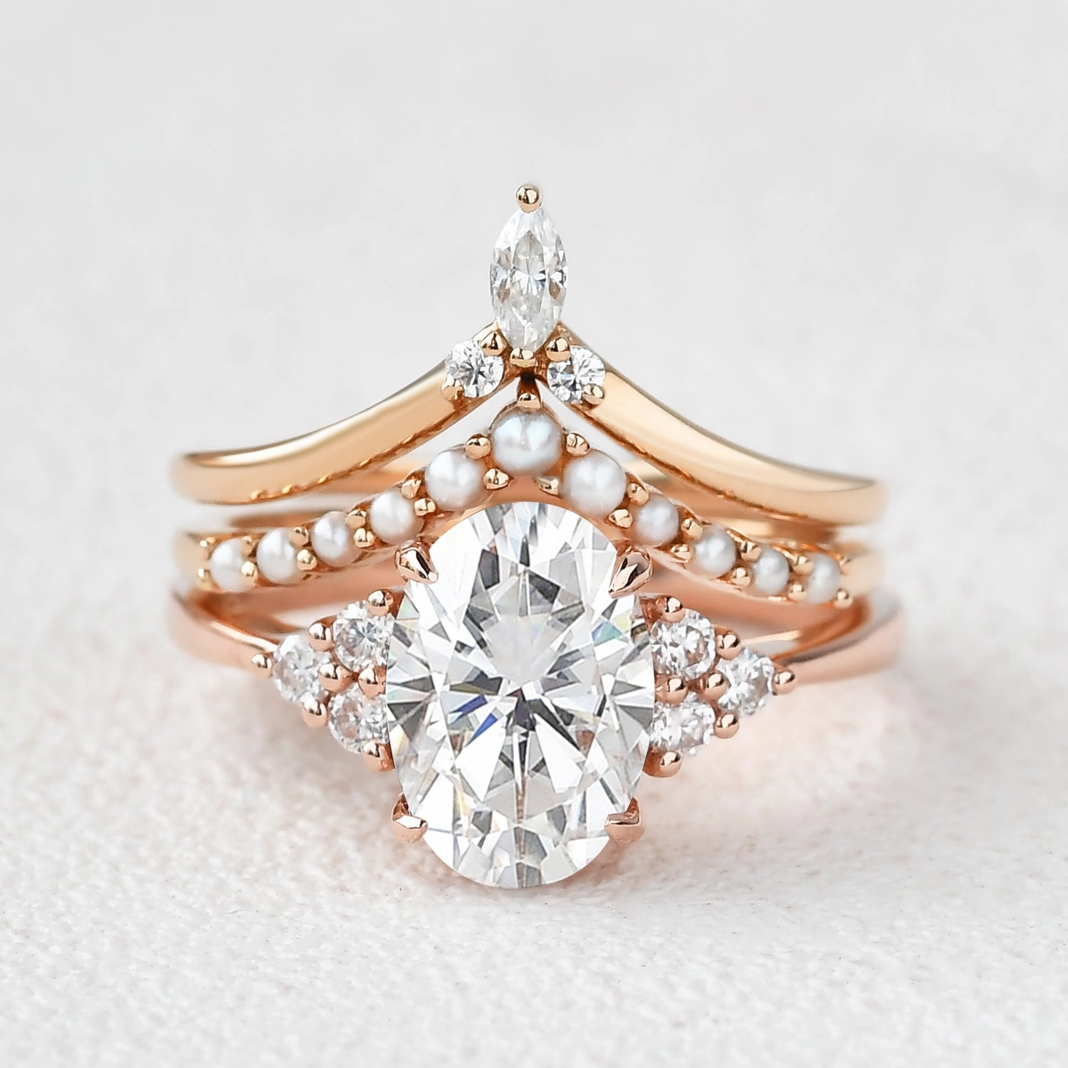 Refined Jewelry Oval Moissanite Pearl-fect Vintage Gold Ring Set 3pcs