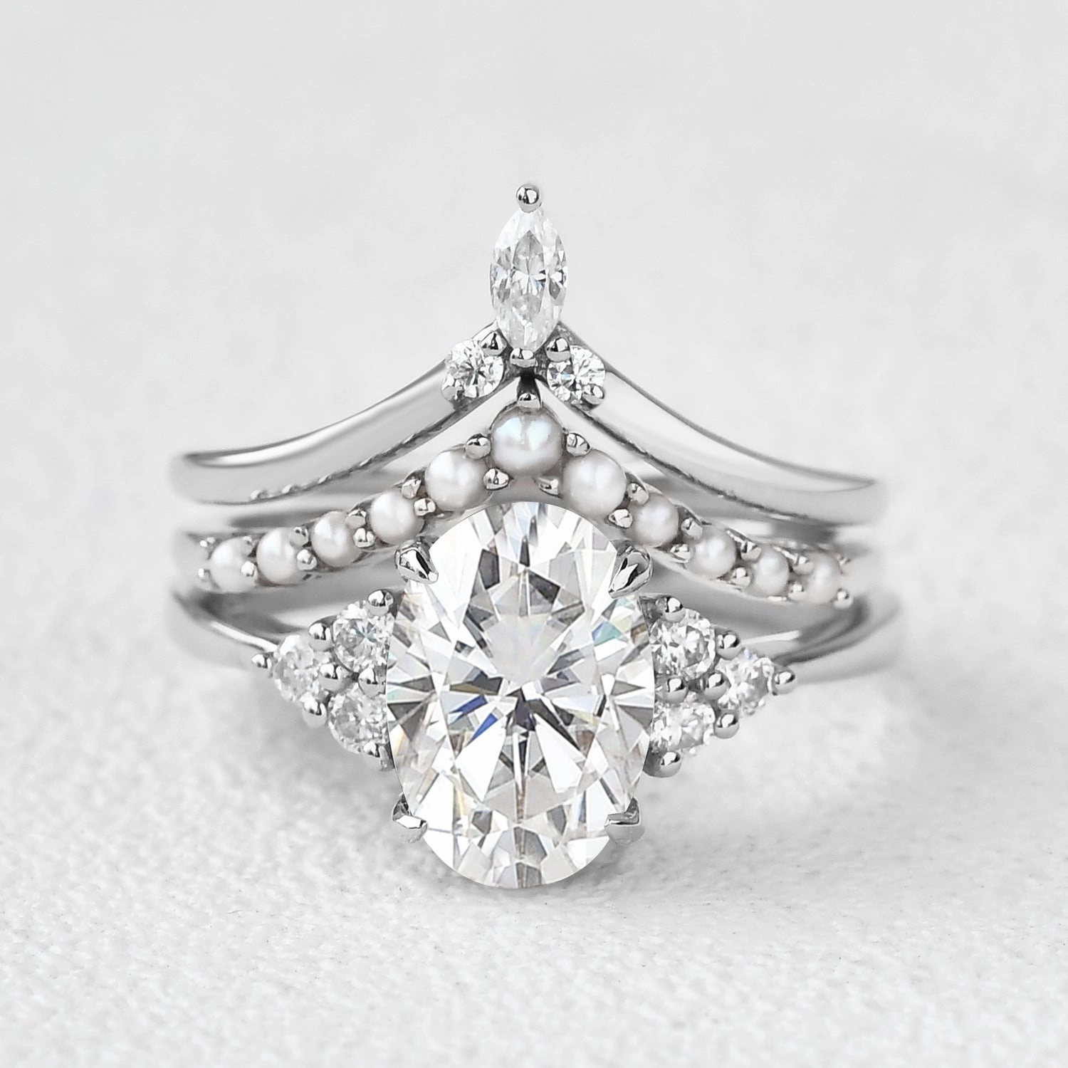 Oval Moissanite Pearl-fect Vintage Gold Ring Set 3pcs Fashion highlight Distinctive Touch