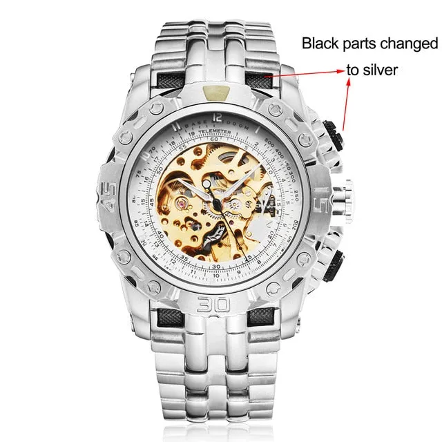 Luxury Silver Gold Automatic Mechanical Watch for Men Full Steel Skeleton Wristwatch Clock Over-Sized Big Dial Relogio Masculino