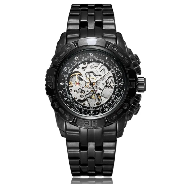 Luxury Silver Gold Automatic Mechanical Watch for Men Full Steel Skeleton Wristwatch Clock Over-Sized Big Dial Relogio Masculino