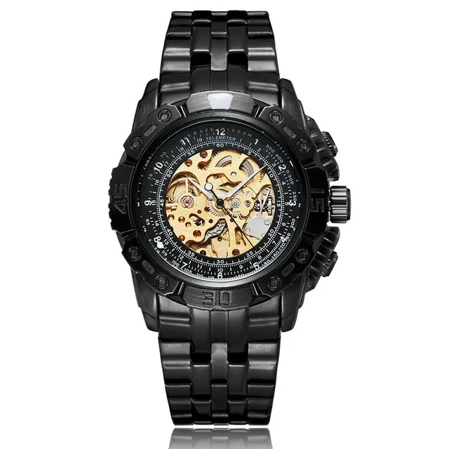 Luxury Silver Gold Automatic Mechanical Watch for Men Full Steel Skeleton Wristwatch Clock Over-Sized Big Dial Relogio Masculino