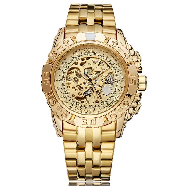Luxury Silver Gold Automatic Mechanical Watch for Men Full Steel Skeleton Wristwatch Clock Over-Sized Big Dial Relogio Masculino