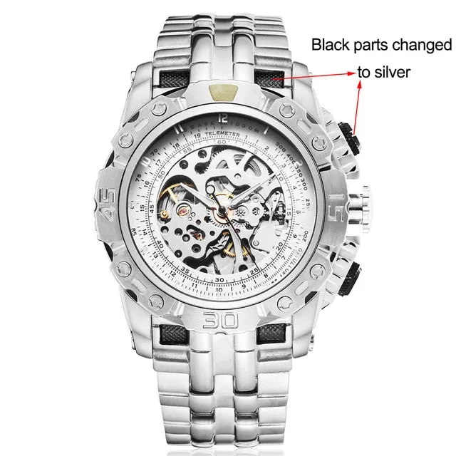 Luxury Silver Gold Automatic Mechanical Watch for Men Full Steel Skeleton Wristwatch Clock Over-Sized Big Dial Relogio Masculino
