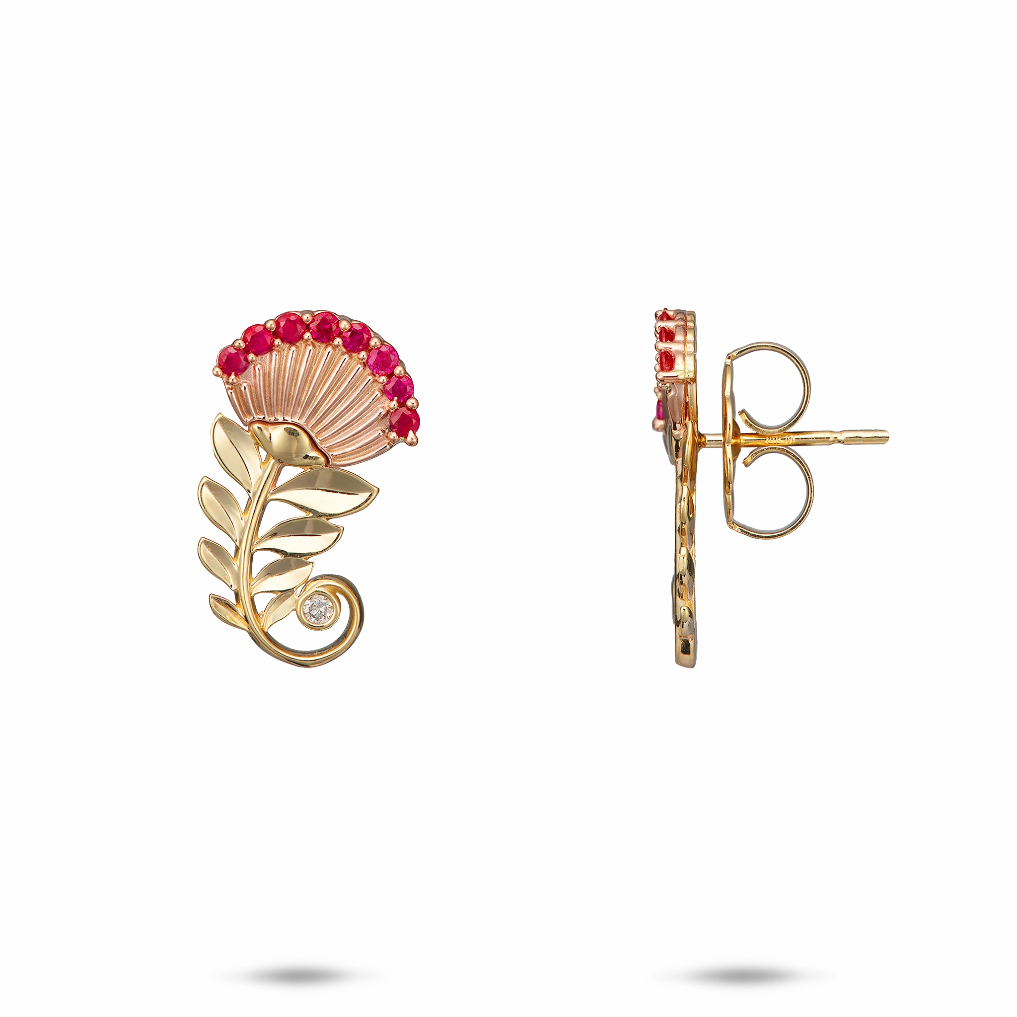 Modern Detailing Luxury Style ???hi?a Lehua Ruby Earrings in Two Tone Gold with Diamonds - 19mm