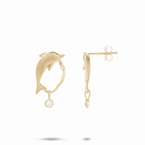 Bubble Dolphin Earrings in Gold with Diamonds - 20mm Unique Creation Shiny Gifts
