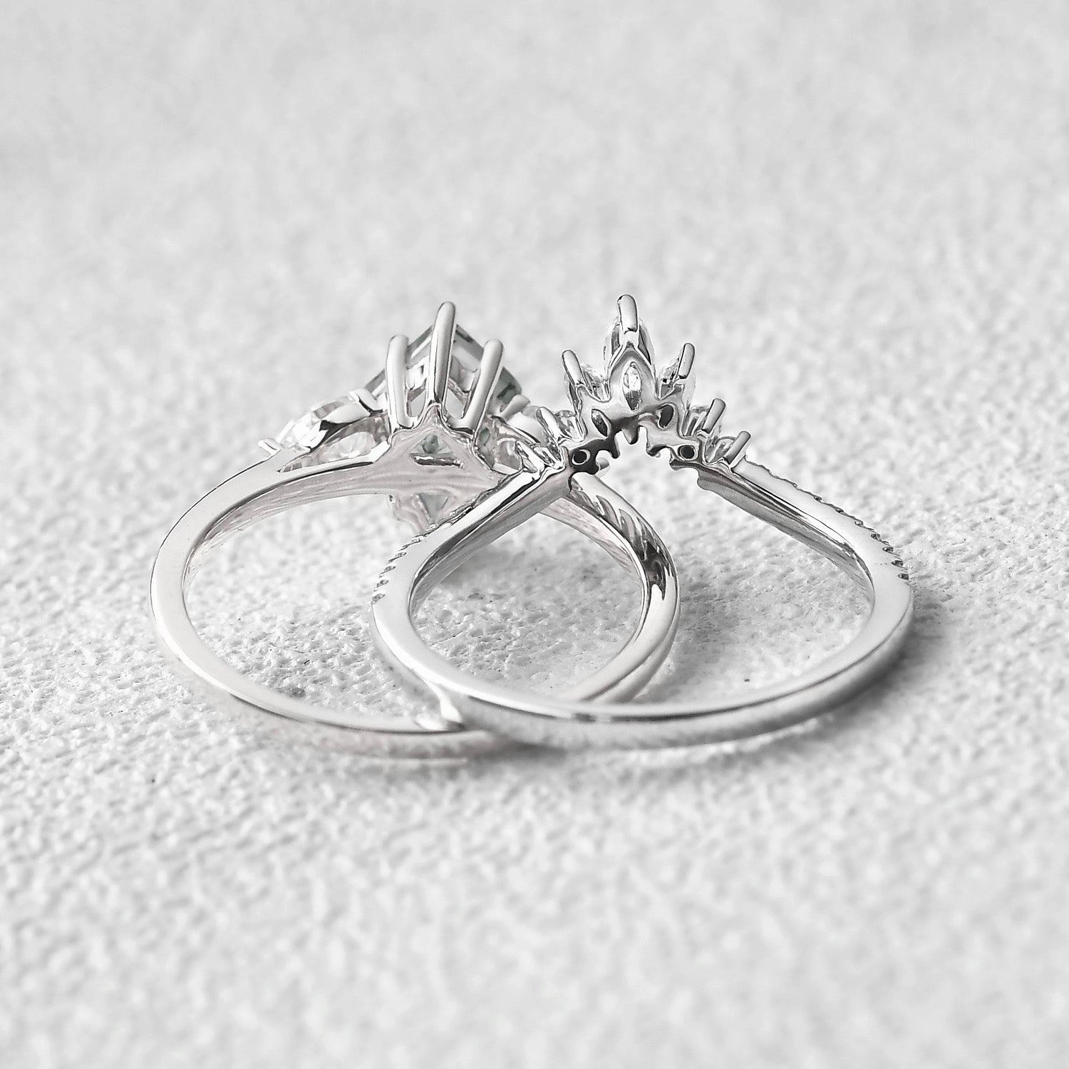 Smooth Fit Kite Cut Green Moss Agate White Gold Engagement Ring Set 2pcs