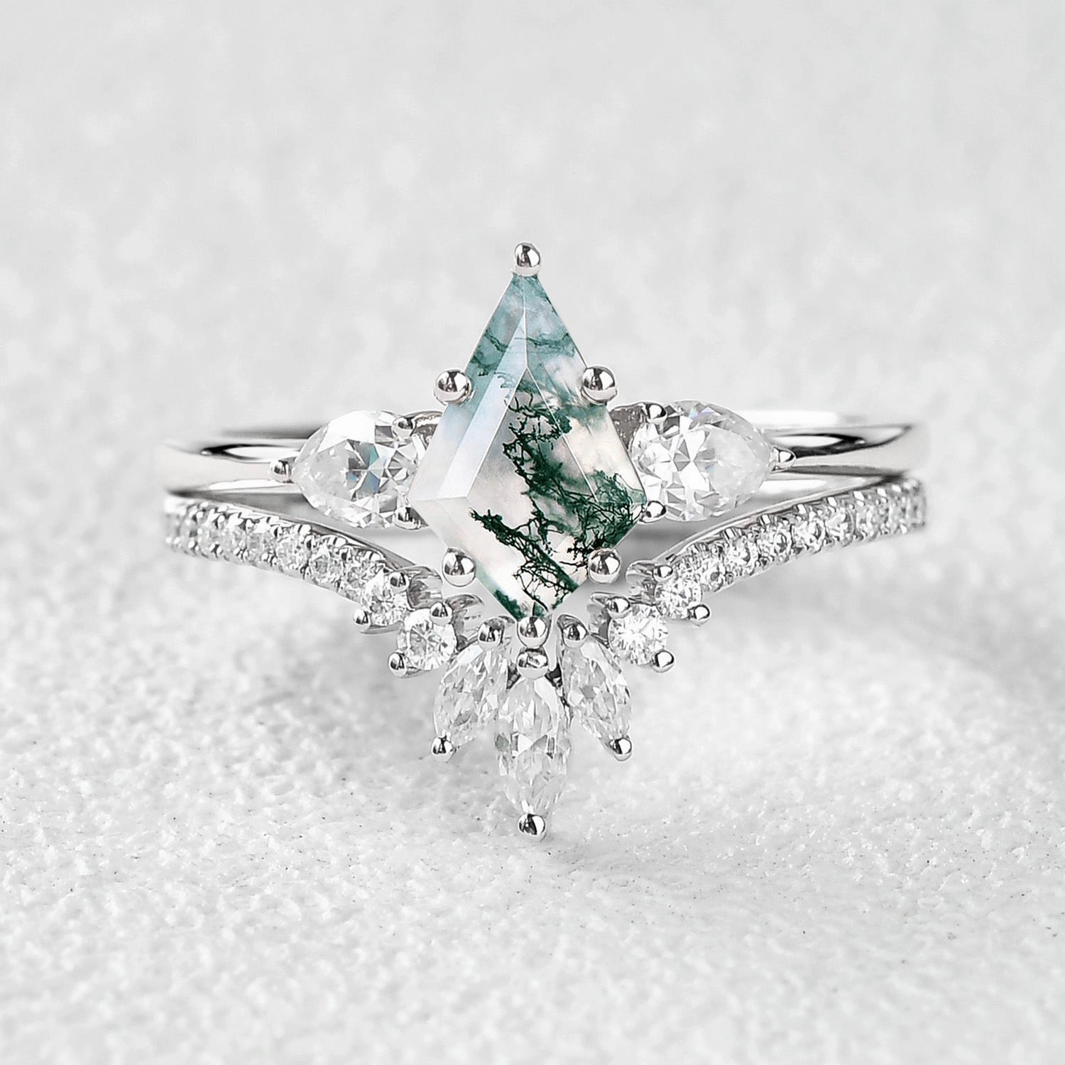 Kite Cut Green Moss Agate White Gold Engagement Ring Set 2pcs Radiant Craft