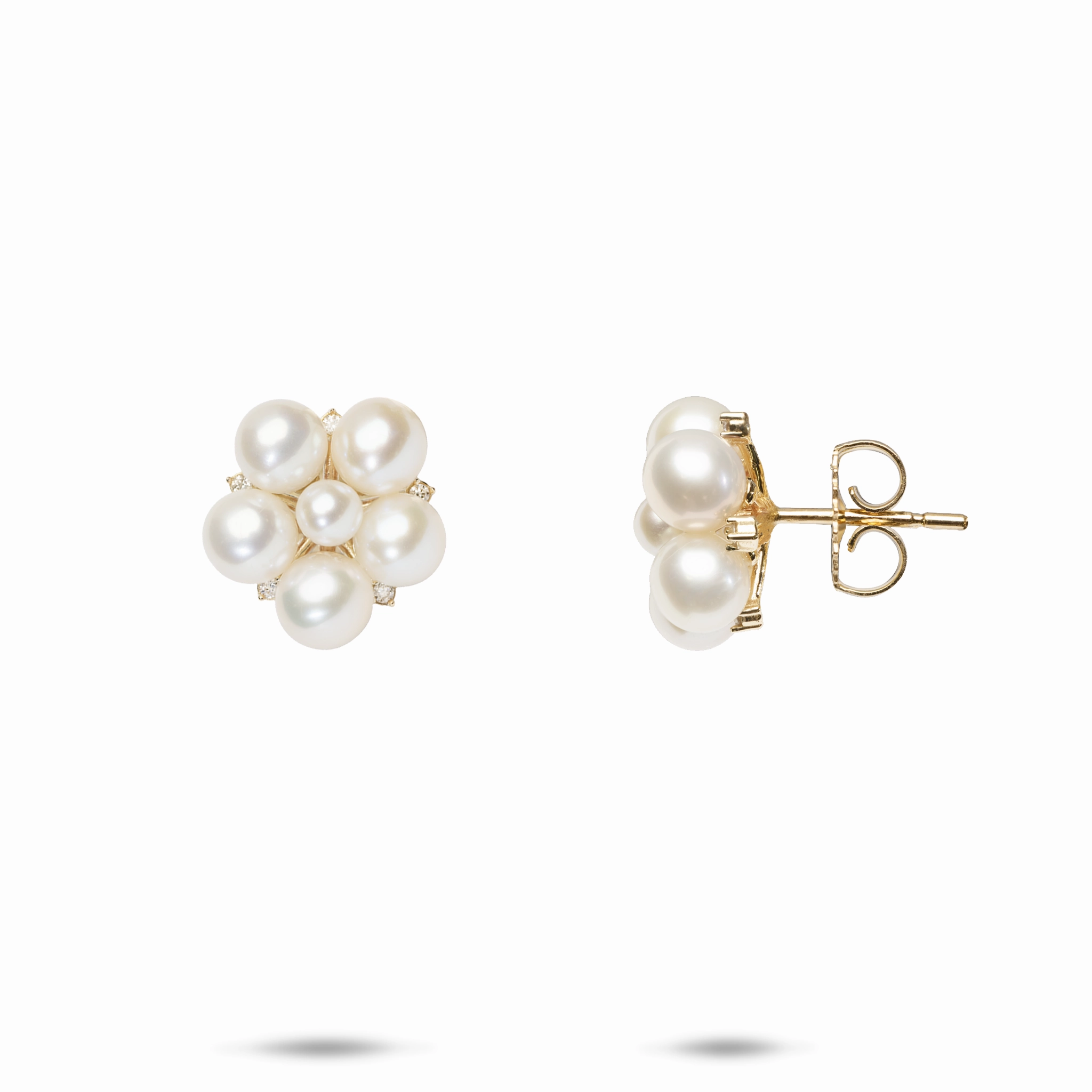Tiny Bubbles Freshwater White Pearl Earrings in Gold with Diamonds Bright Look Vivid Glow