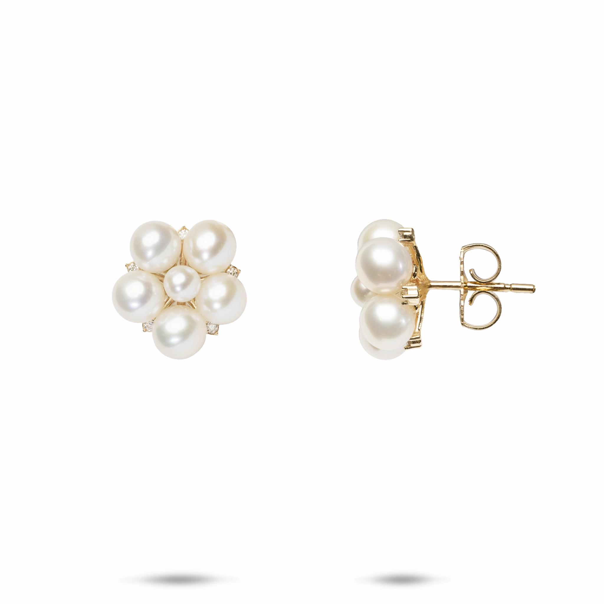 Tiny Bubbles Freshwater White Pearl Earrings in Gold with Diamonds Vintage Accent