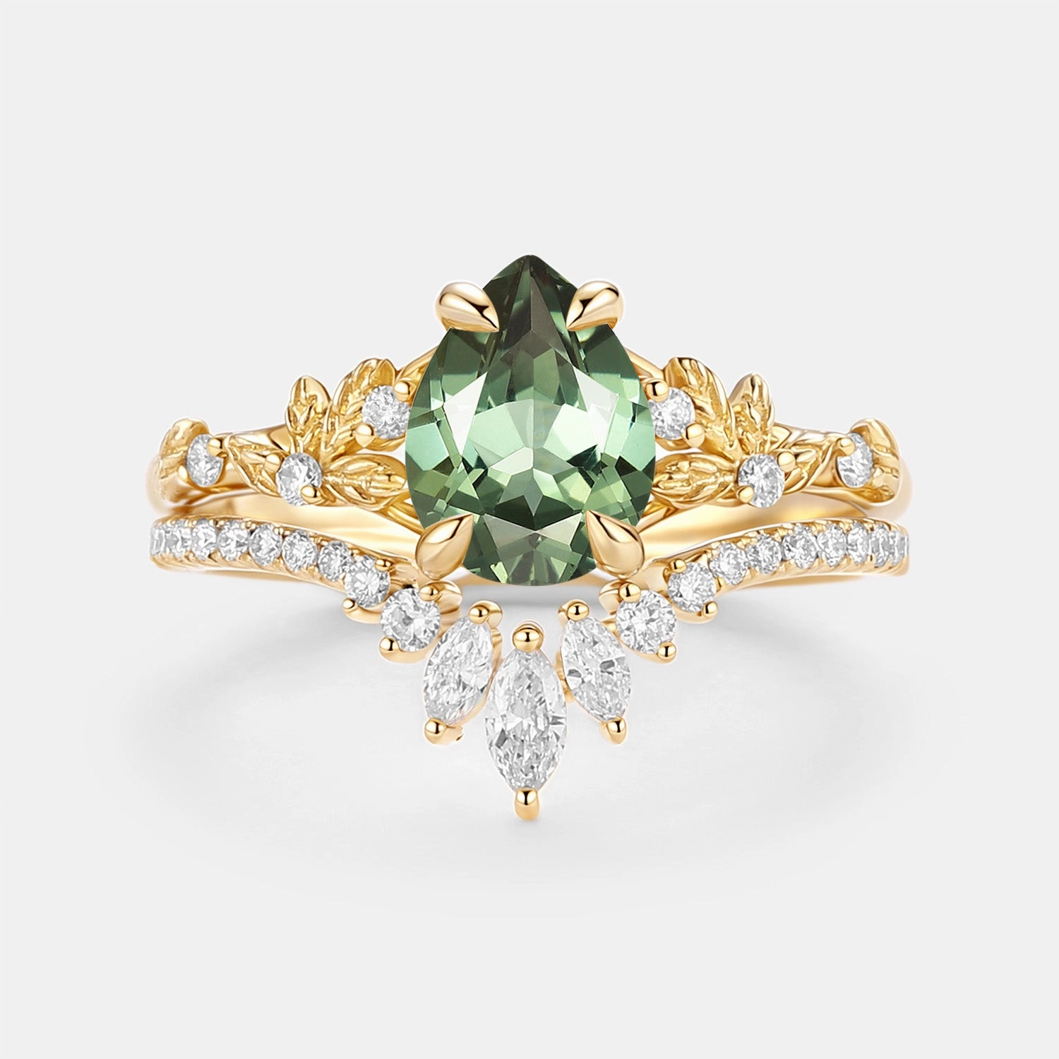 Pear Cut Leafy Lab Green Sapphire Engagement Ring Set 2pcs - Kestrel Rich Detailing Fashion Must