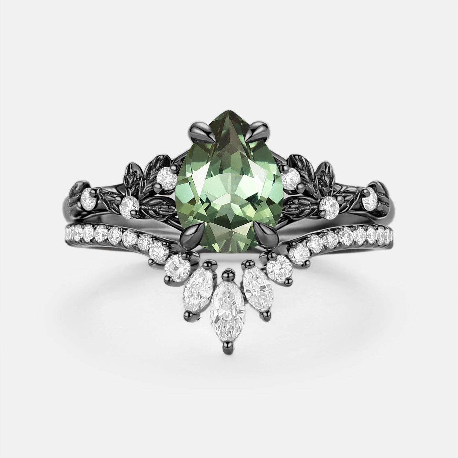 Pear Cut Leafy Lab Green Sapphire Engagement Ring Set 2pcs - Kestrel Distinctive Style Pieces