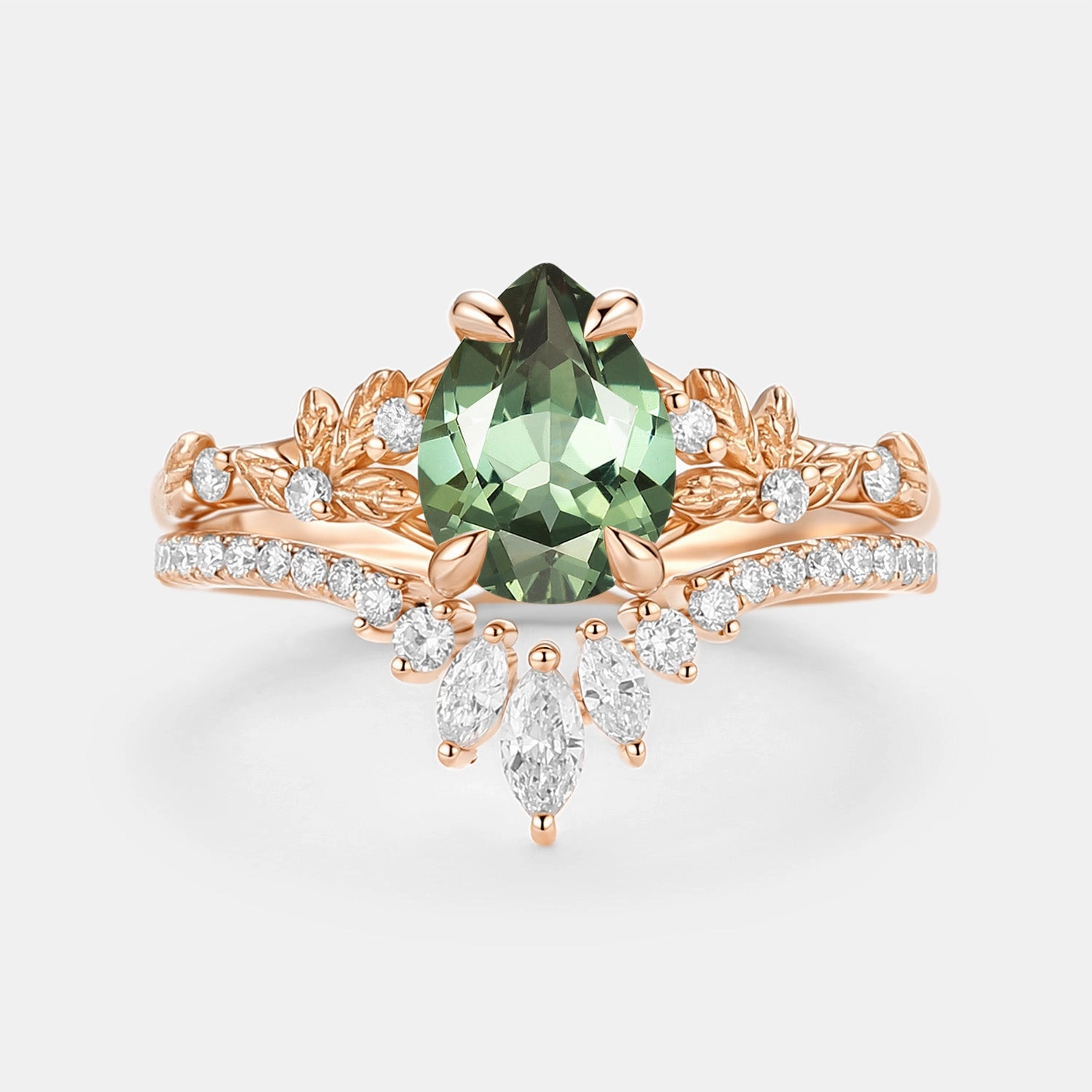 Timeless Charm Shiny Jewels Pear Cut Leafy Lab Green Sapphire Engagement Ring Set 2pcs - Kestrel