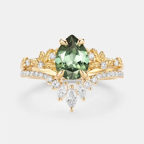 Pear Cut Leafy Lab Green Sapphire Engagement Ring Set 2pcs - Kestrel Rich Detailing Fashion Must