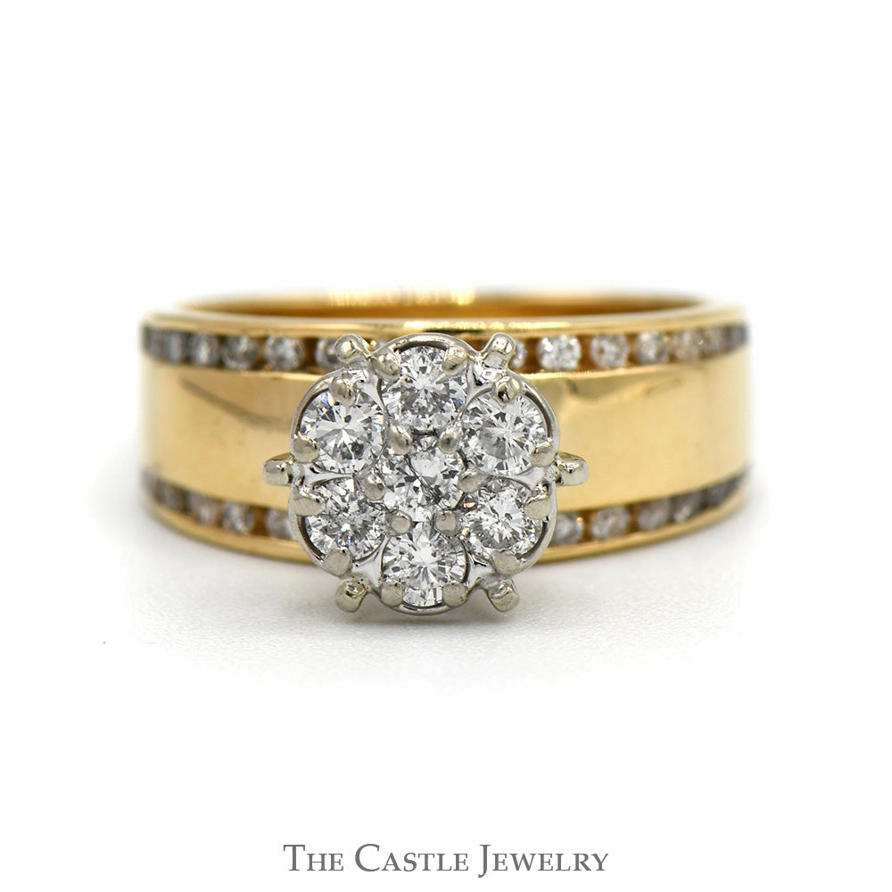 3/4cttw 7 Diamond Cluster Ring with Channel Set Diamond Accents in 14k Yellow Gold Adjustable Fit Ornate Style