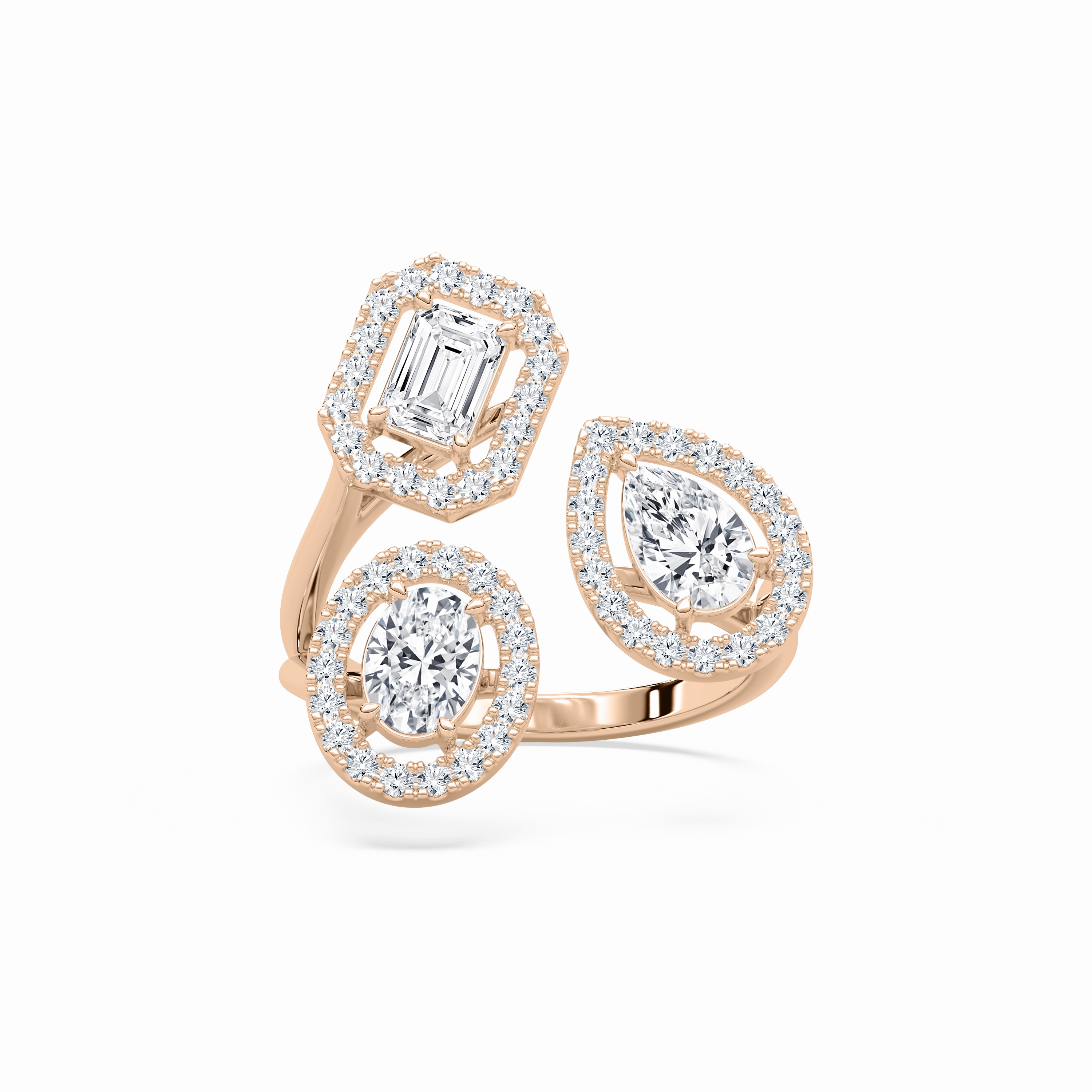 Exquisite Art 2 ctw Emerald, Oval and Pear Lab Grown Diamond Three Stone Halo Ring