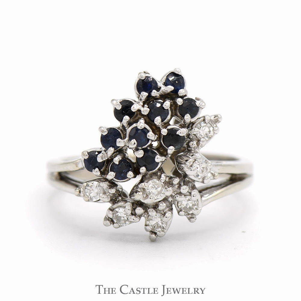 Sapphire & Diamond Cluster Ring with Split Shank Sides in 14k White Gold Leaf Motif Gorgeous Look