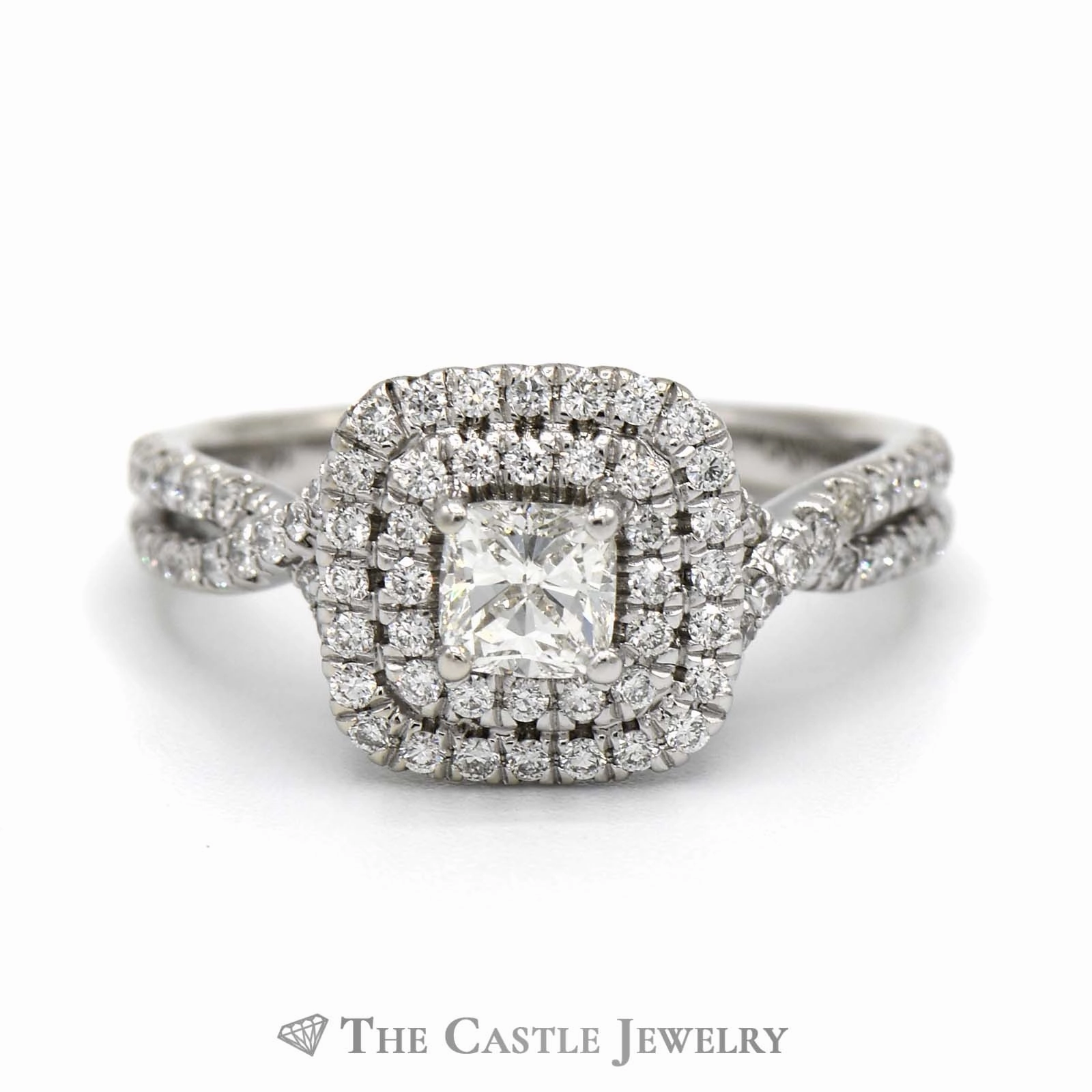 Stylish Expression Gabriel & Co. Cushion Cut Diamond Engagement Ring with Double Diamond Halo and Diamond Accented Split Shank Sides in 14k White Gold