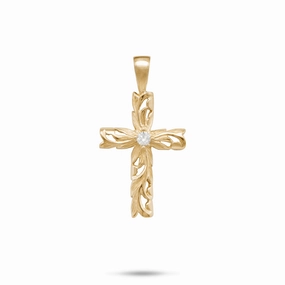 Hawaiian Heirloom Old English Scroll Cross Pendant in Gold with Diamond - 23mm Fashion Edit