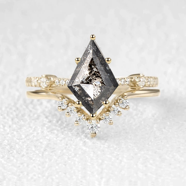 Kite Black & White Salt and Pepper Diamonds Ring Set 2pcs Dressed Look Glamorous Gem