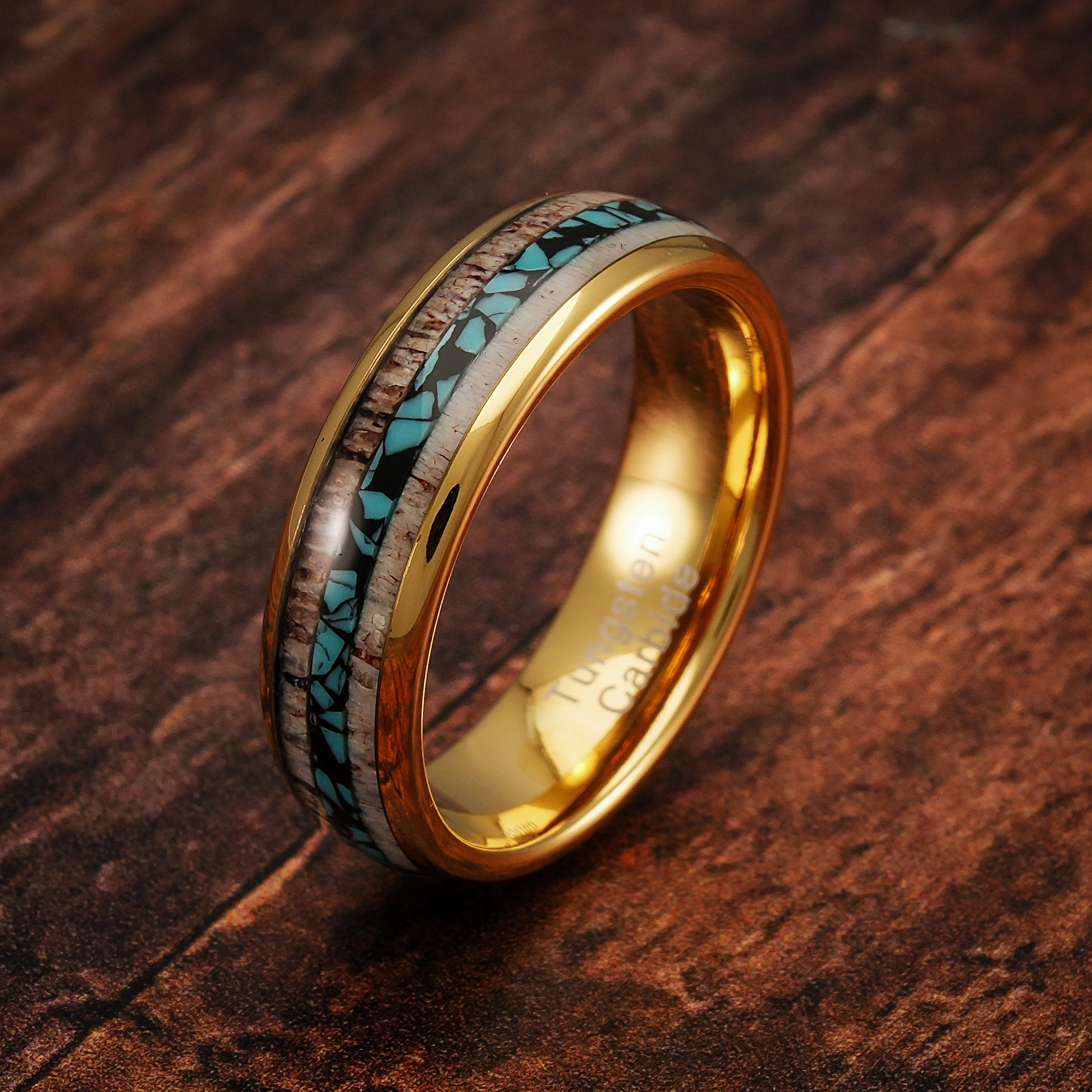 Elegant Item 100S JEWELRY 6mm Gold Tungsten Wedding Rings for Men Women Unique Turquoise & Antler Inlay Durable Engagement, Promise, and Wedding Band - Available in Sizes 6-13