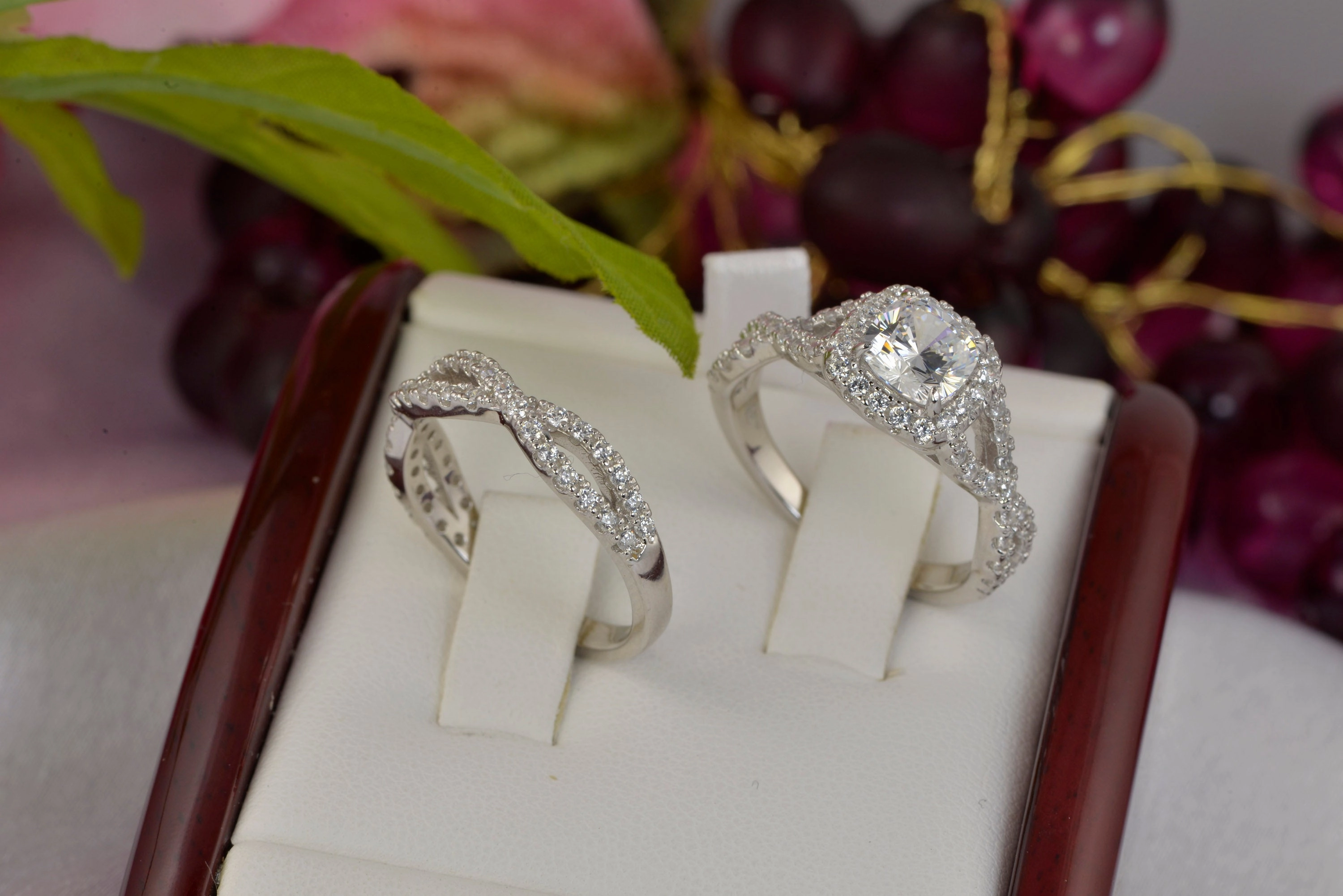 2ct Halo Cushion Cut with Twisted Band Bridal Wedding Engagement Ring Diamond Simulated 925 Sterling Silver Anniversary Rings SKU:00240 Romantic Craft