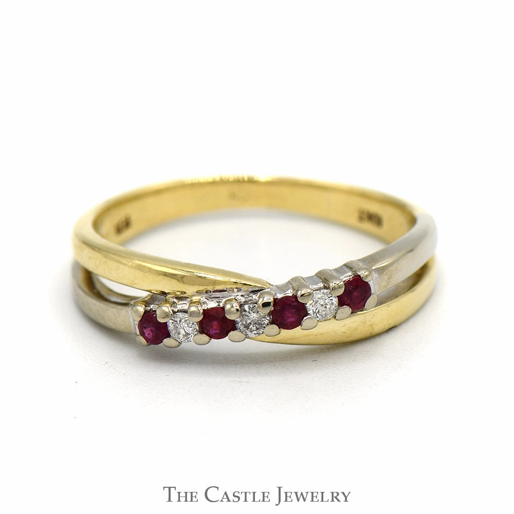 Round Ruby & Diamond Two Tone Crossover Band in 10k Yellow & White Gold Modern Balance