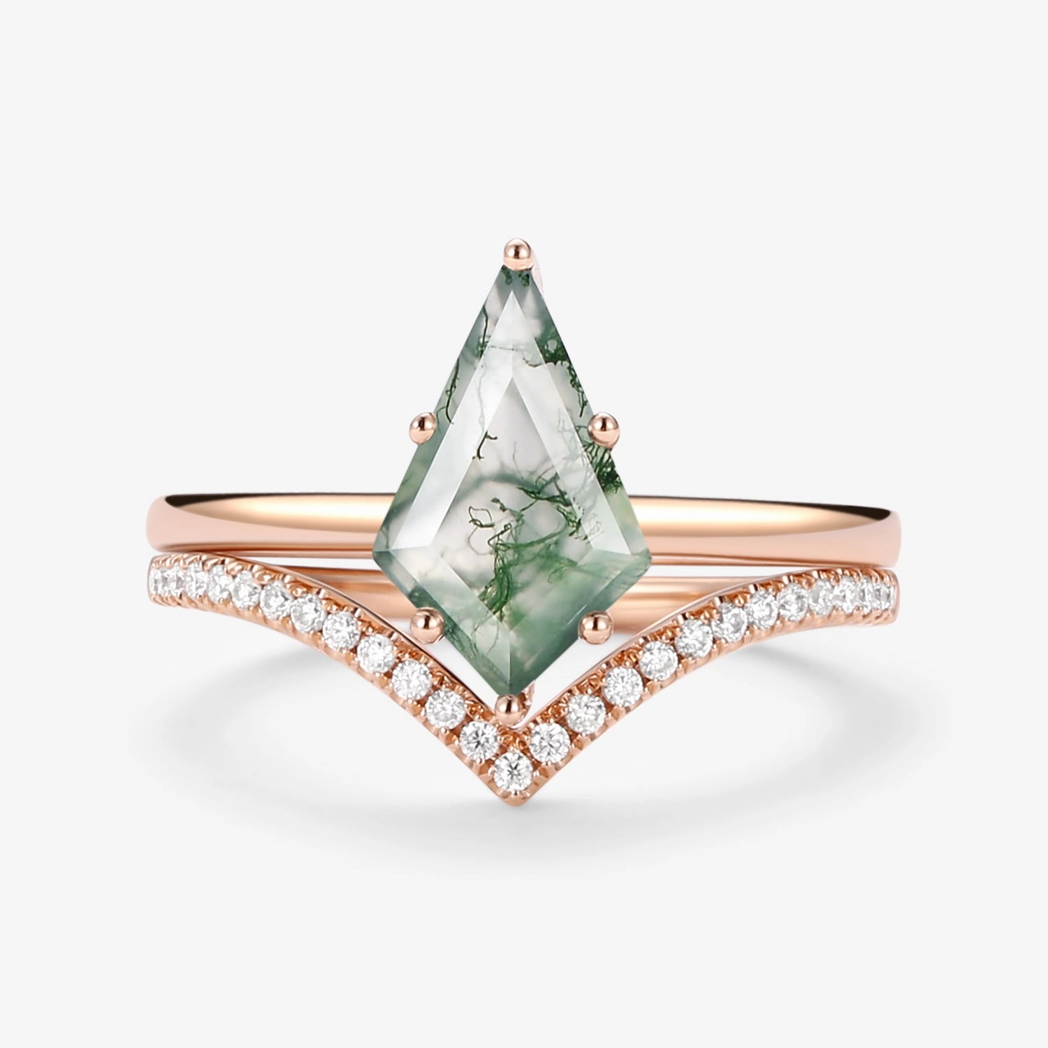 Kite Cut Moss Agate Engagement Ring Set 2pcs - Ash Dynamic Accent