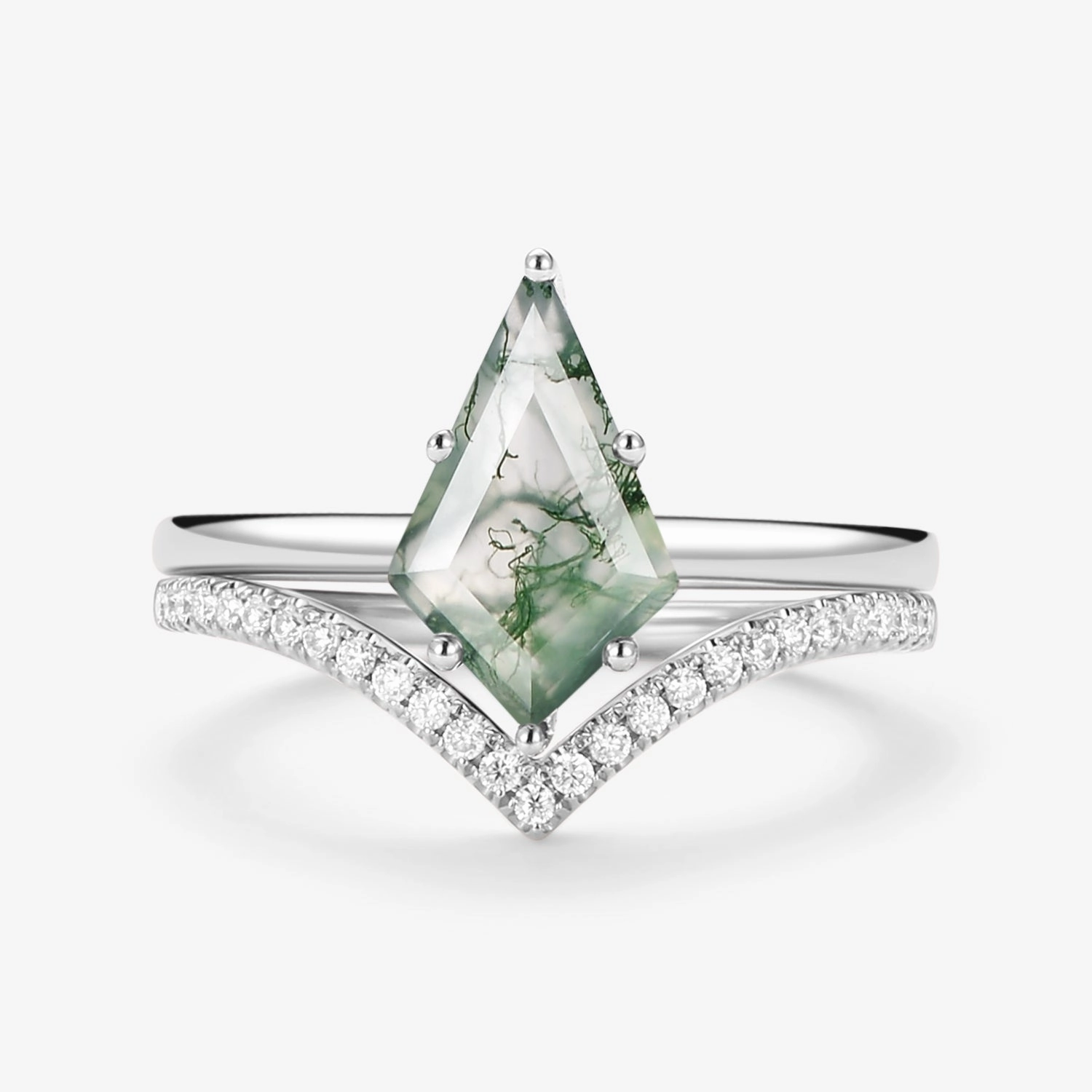 Gentle Spark Delicate Highlight Kite Cut Moss Agate Engagement Ring Set 2pcs - Ash