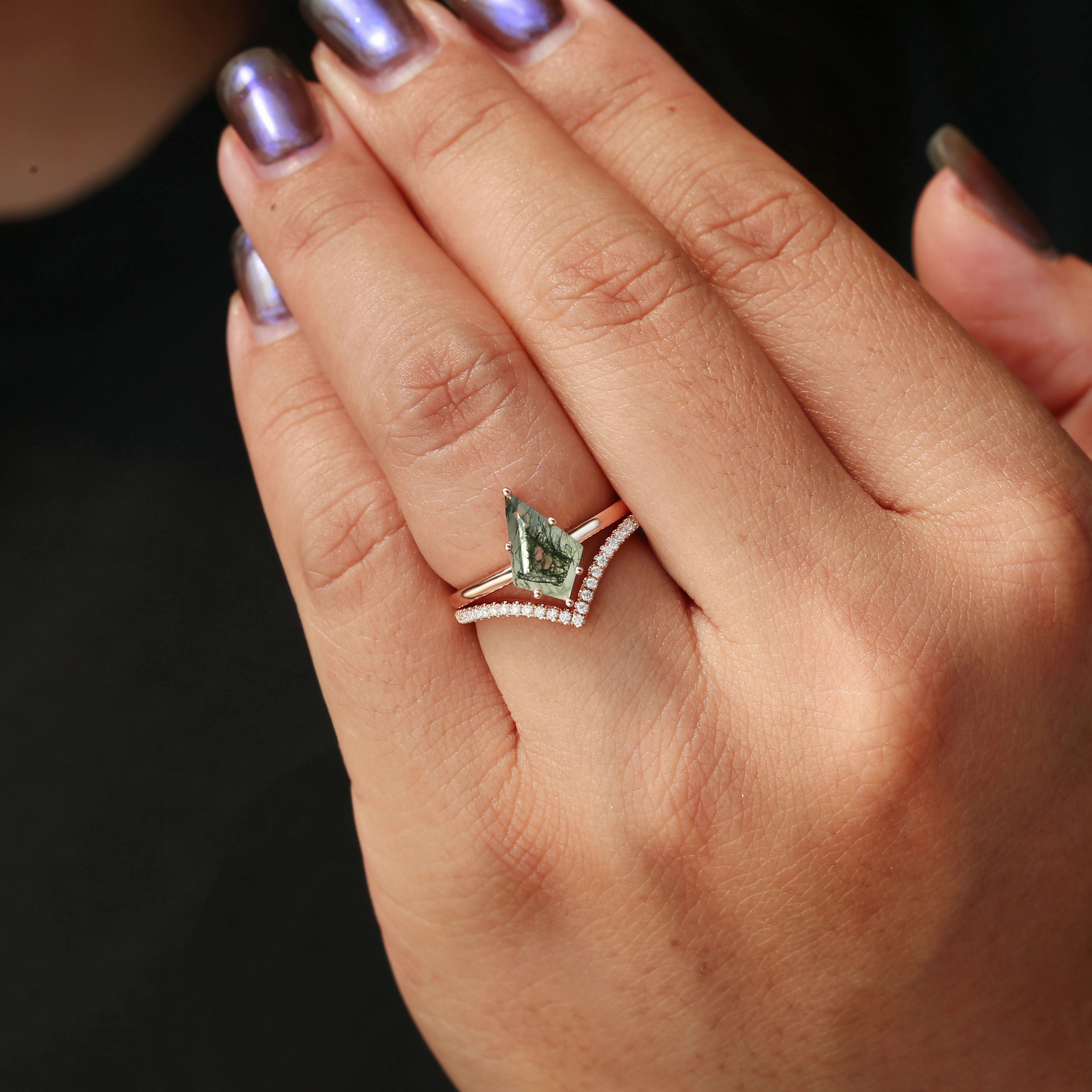 Kite Cut Moss Agate Engagement Ring Set 2pcs - Ash Trend Forward Modern Radiance