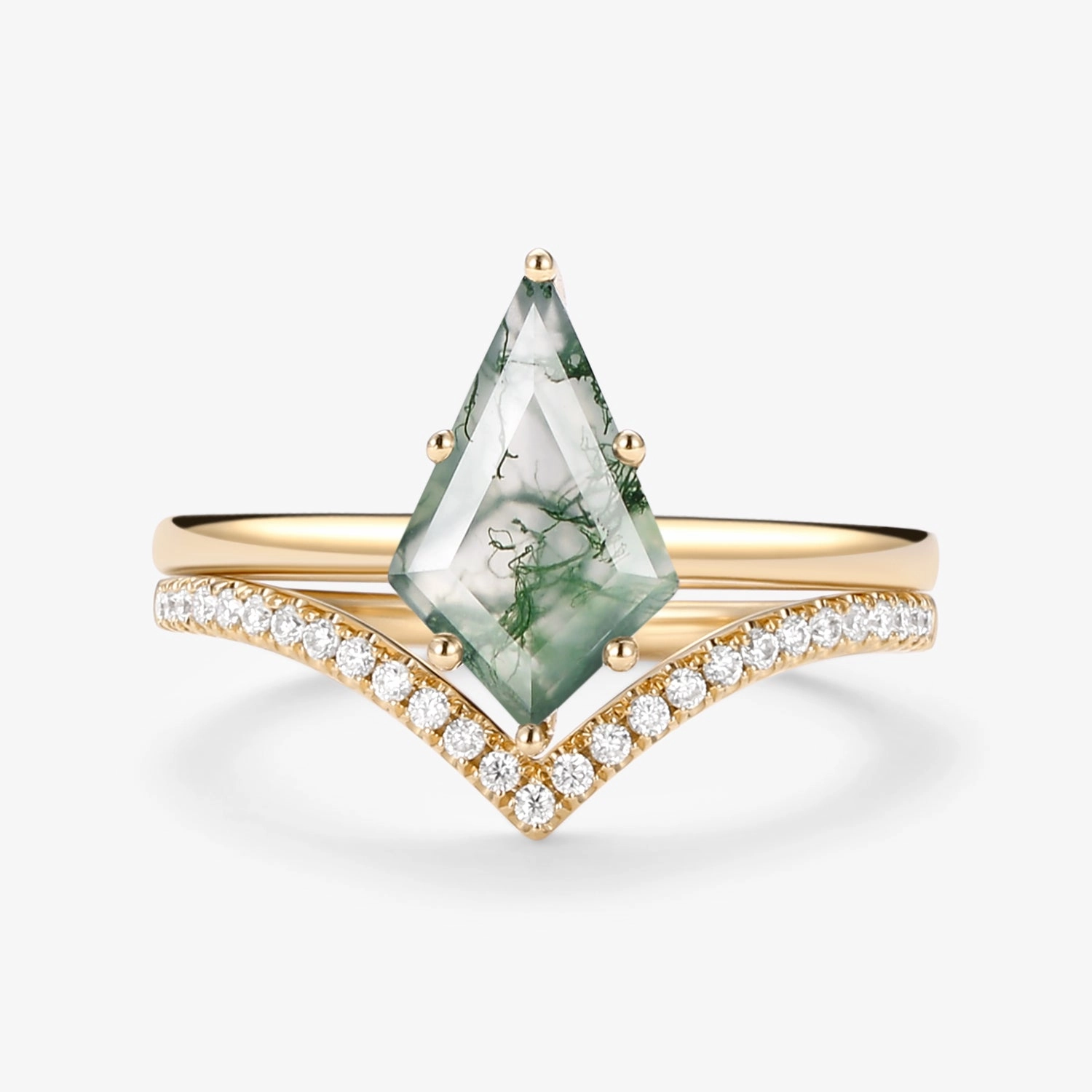 Classic Presence Kite Cut Moss Agate Engagement Ring Set 2pcs - Ash