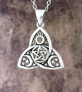Luxury Style Stylish Days Celestial Triquetra With Pentacle, Sun, Crescent Moons & Stars Pendant