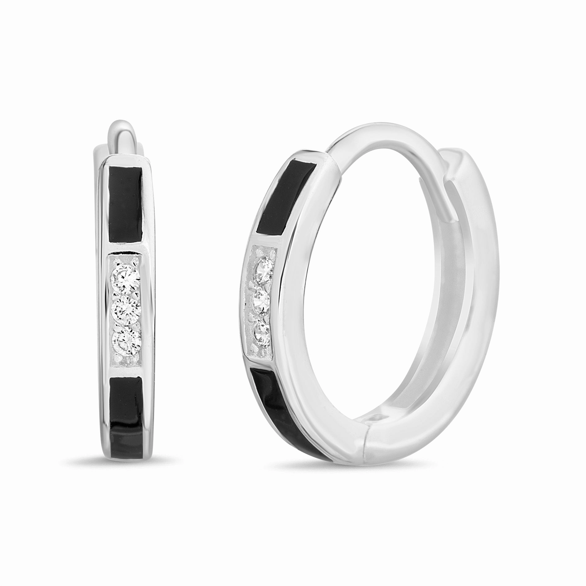 Pretty Decor Enamel Cubic Zirconia Huggie Hoop Earrings in Sterling Silver