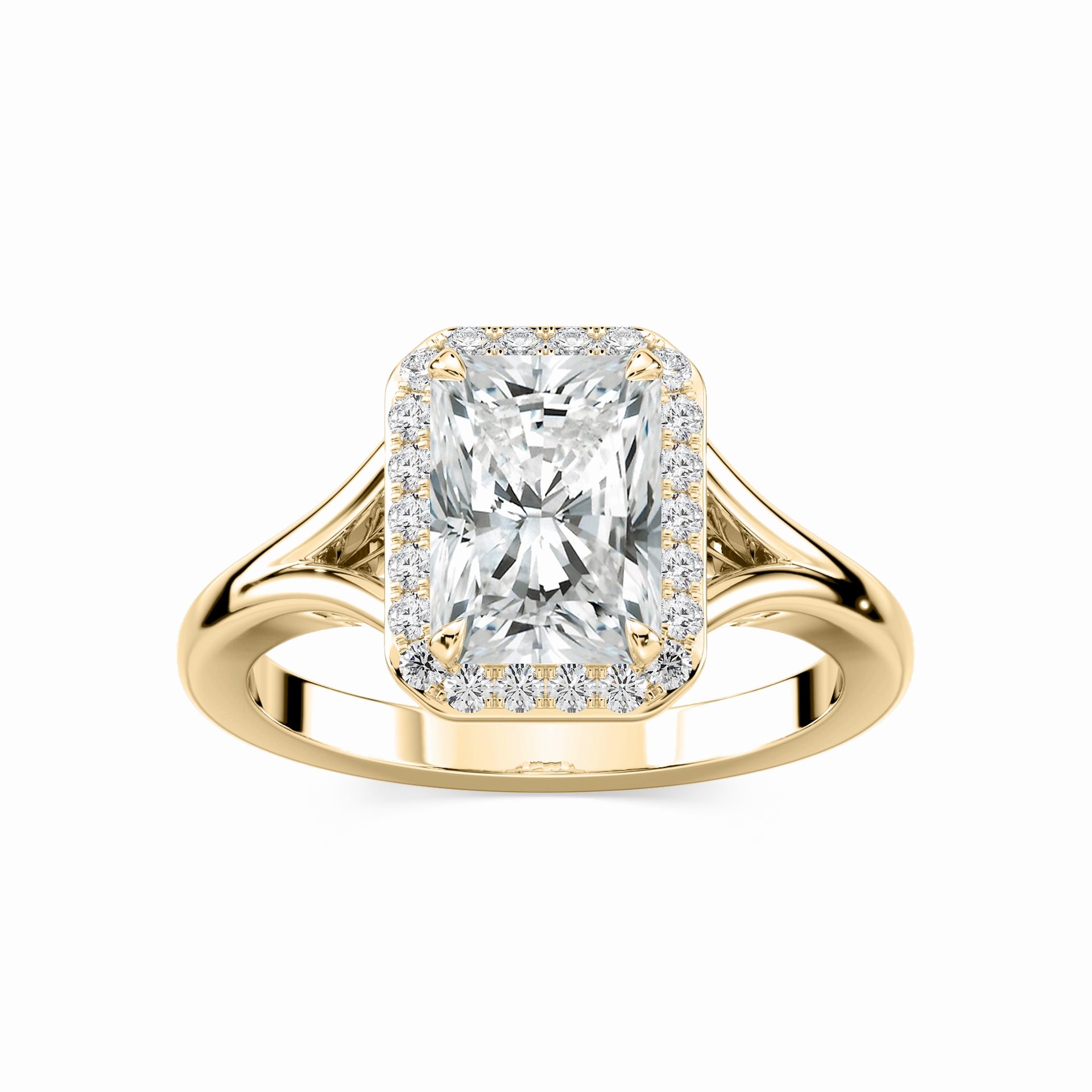 Maia Radiant Lab Grown Diamond Split Shank Halo Engagement Ring Artisan Jewelry High-End Ornament