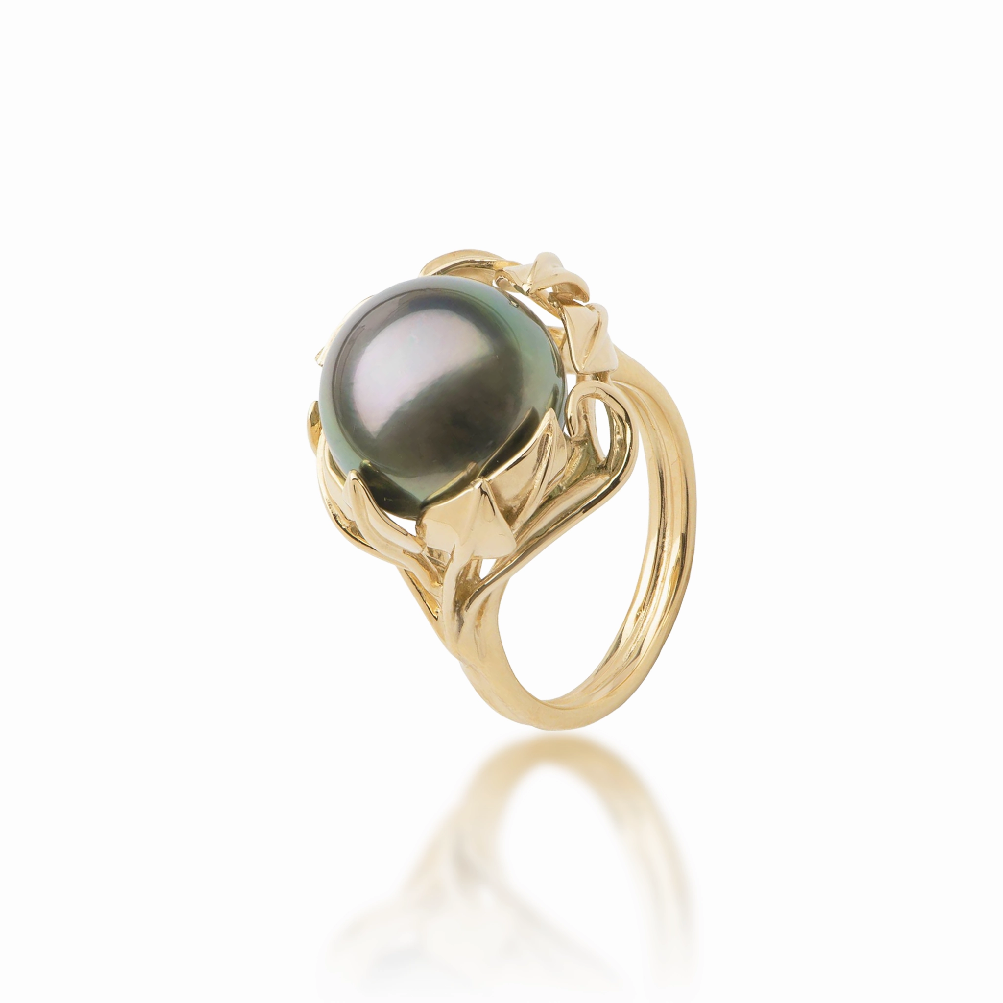 Unique Spark Golden Tone Maile Leaf Tahitian Black Pearl Ring in Gold - 12-13mm